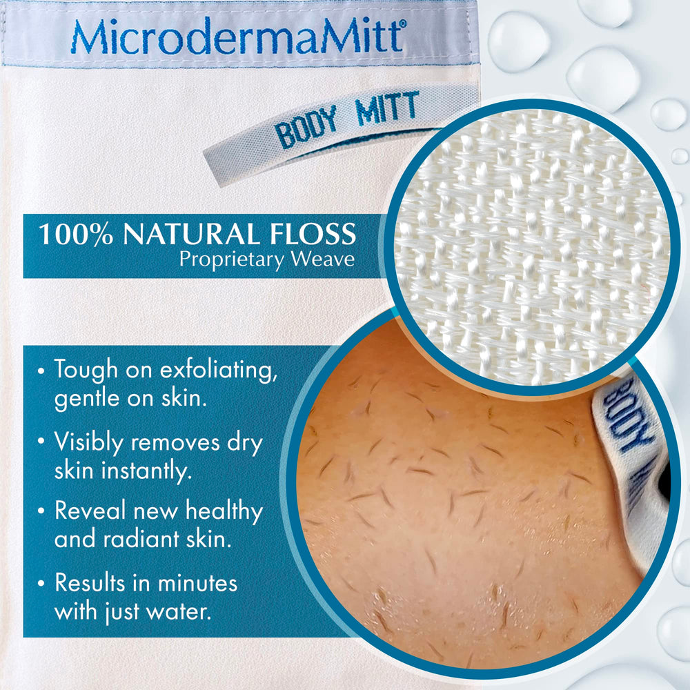 MicrodermaMitt Original glove in the shower demonstrates cleansing and texture refinement.