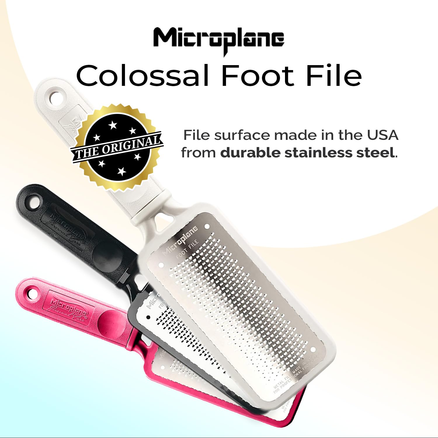 Microplane Colossal Foot File used dry for convenient foot care.