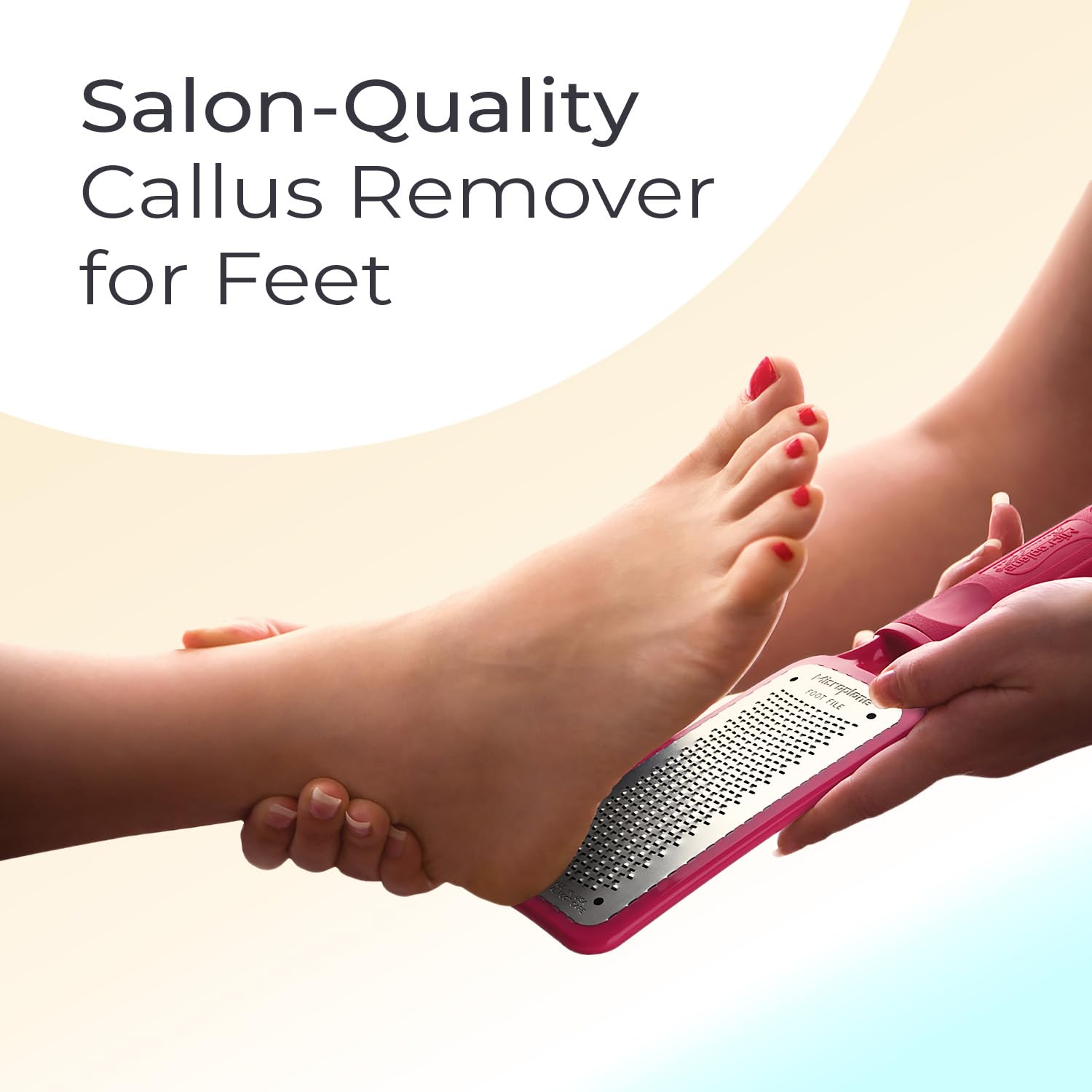 Microplane Colossal Foot File dry-use close-up demonstrates lightweight grip for quick foot refreshment.