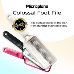 Microplane Colossal Foot File used dry for convenient foot care.