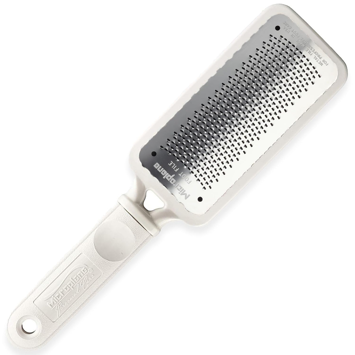Microplane Colossal Foot File close-up on large rasp surface for effective dead-skin removal.