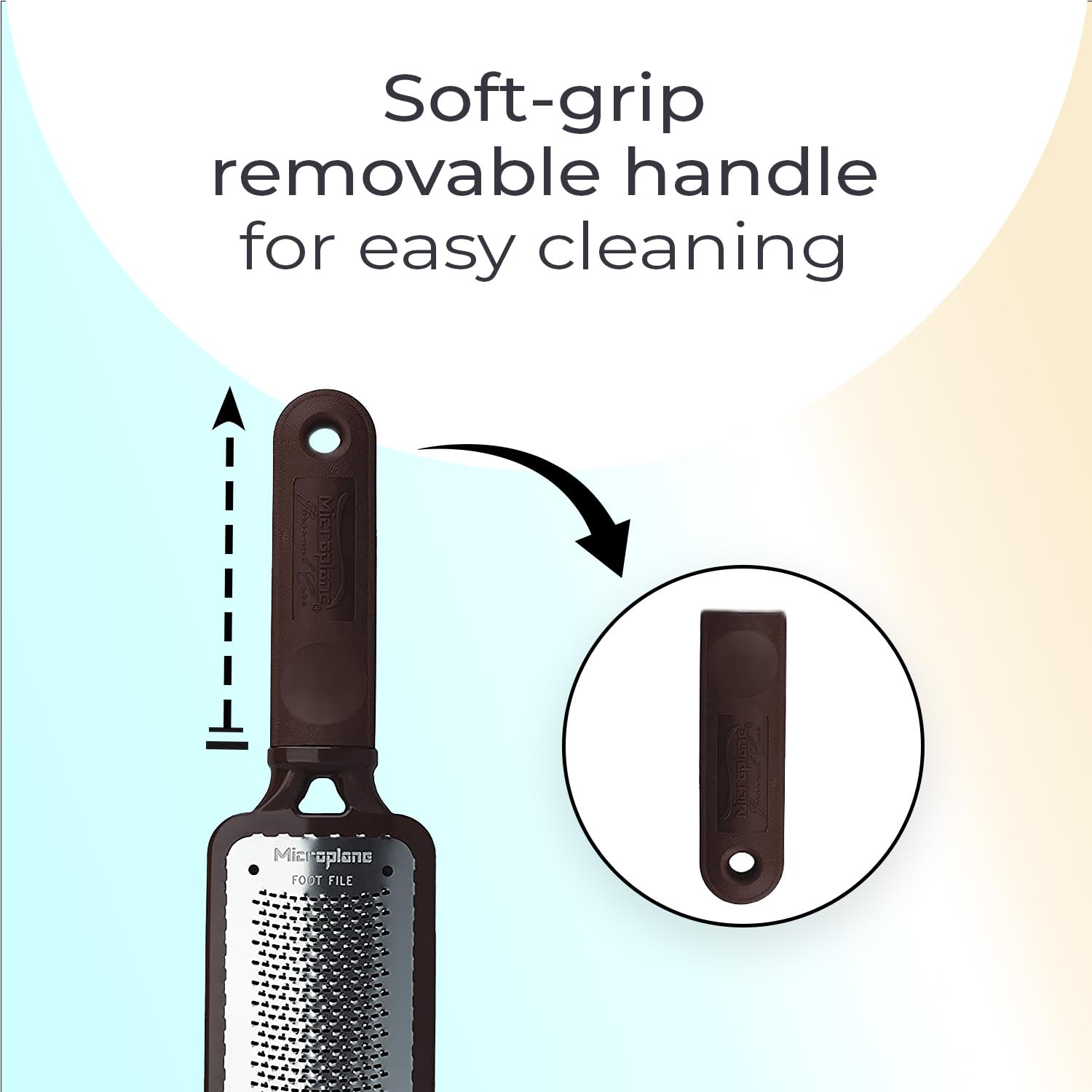 Microplane Colossal Foot File stainless-steel rasp detail highlights durable tool for long-term use.