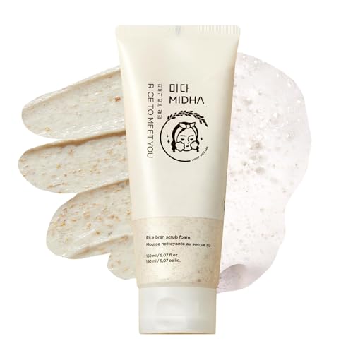 MIDHA Rice Bran Scrub Foam packaging showing daily cleanser with balanced hydration