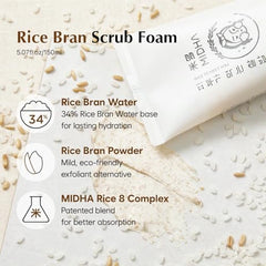 MIDHA Rice Bran Scrub Foam close-up highlights gentle exfoliation from rice bran