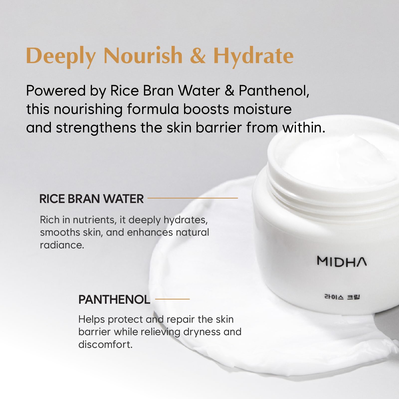 MIDHA Rice Cream barrier focus signals stronger moisture barrier for comfortable skin.