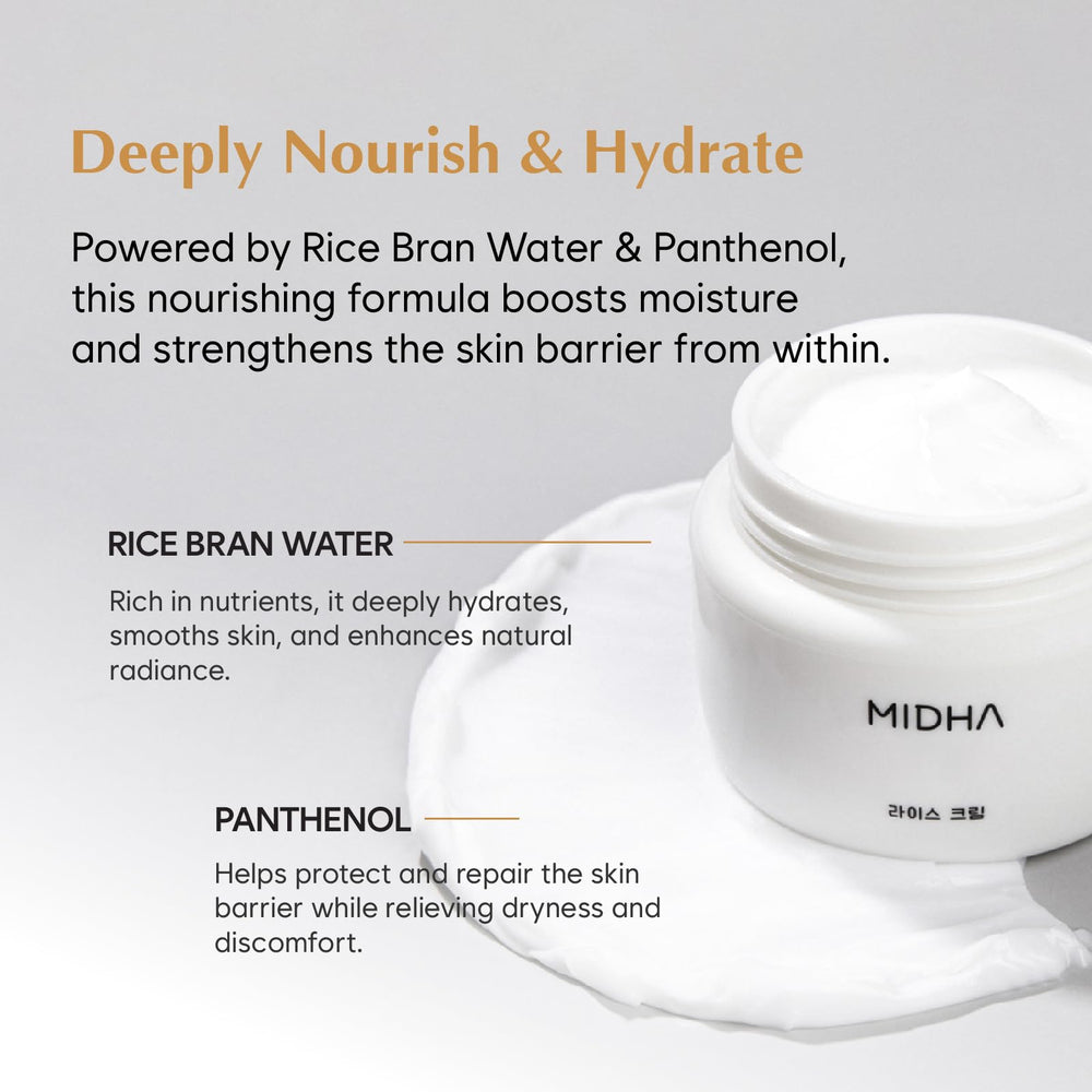 MIDHA Rice Cream barrier focus signals stronger moisture barrier for comfortable skin.