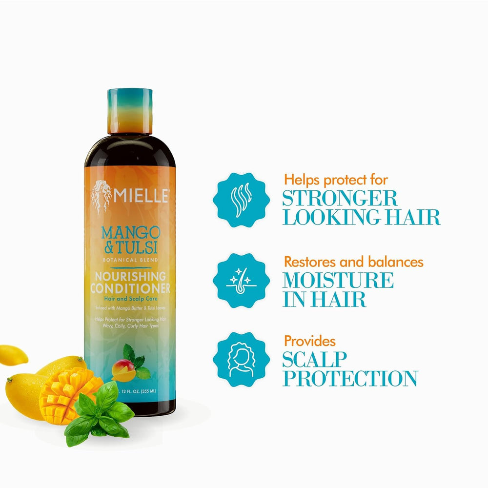 Creamy Mango Tulsi conditioner texture visible on hair for moisture and manageability.