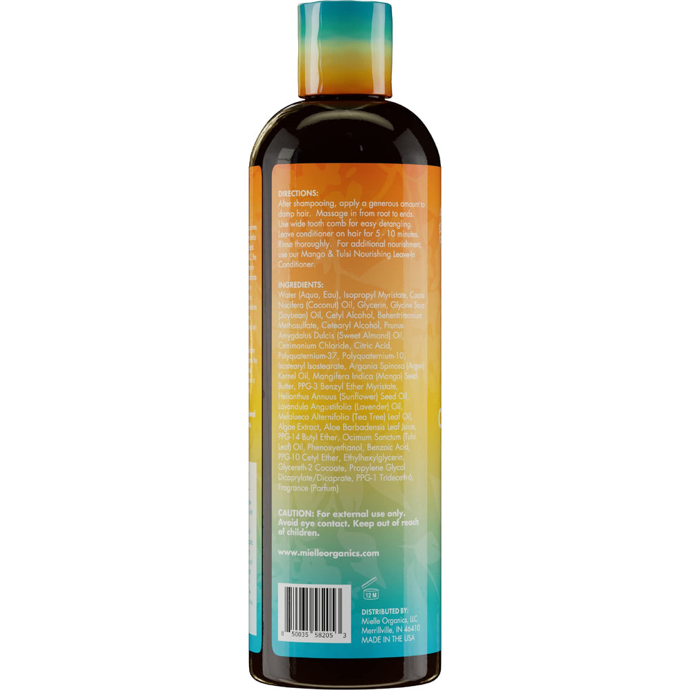 Vegan and cruelty-free badge on Mango Tulsi conditioner packaging.
