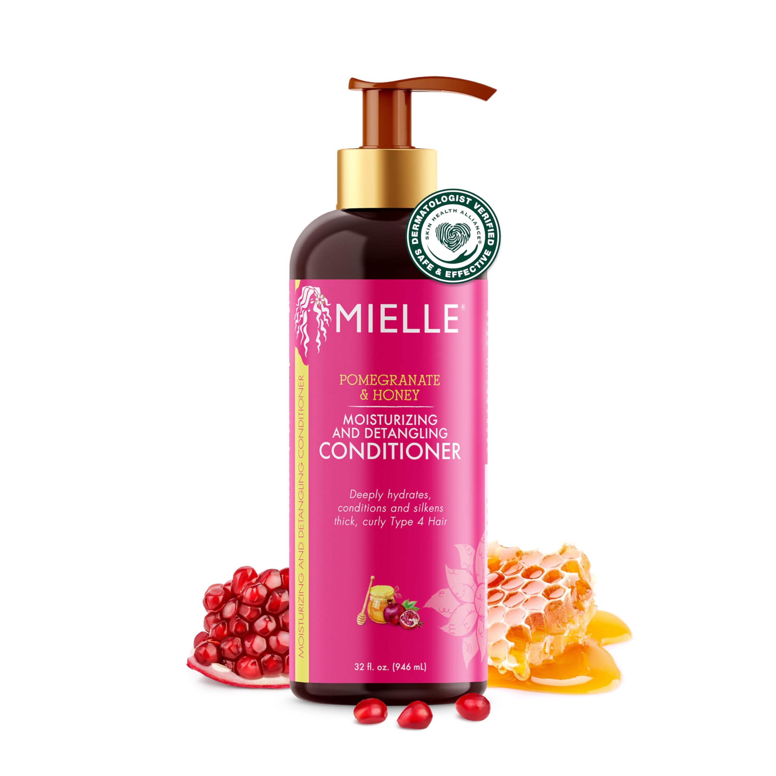 Mielle Organics Pomegranate & Honey Detangling Conditioner bottle front, deep moisture promise.