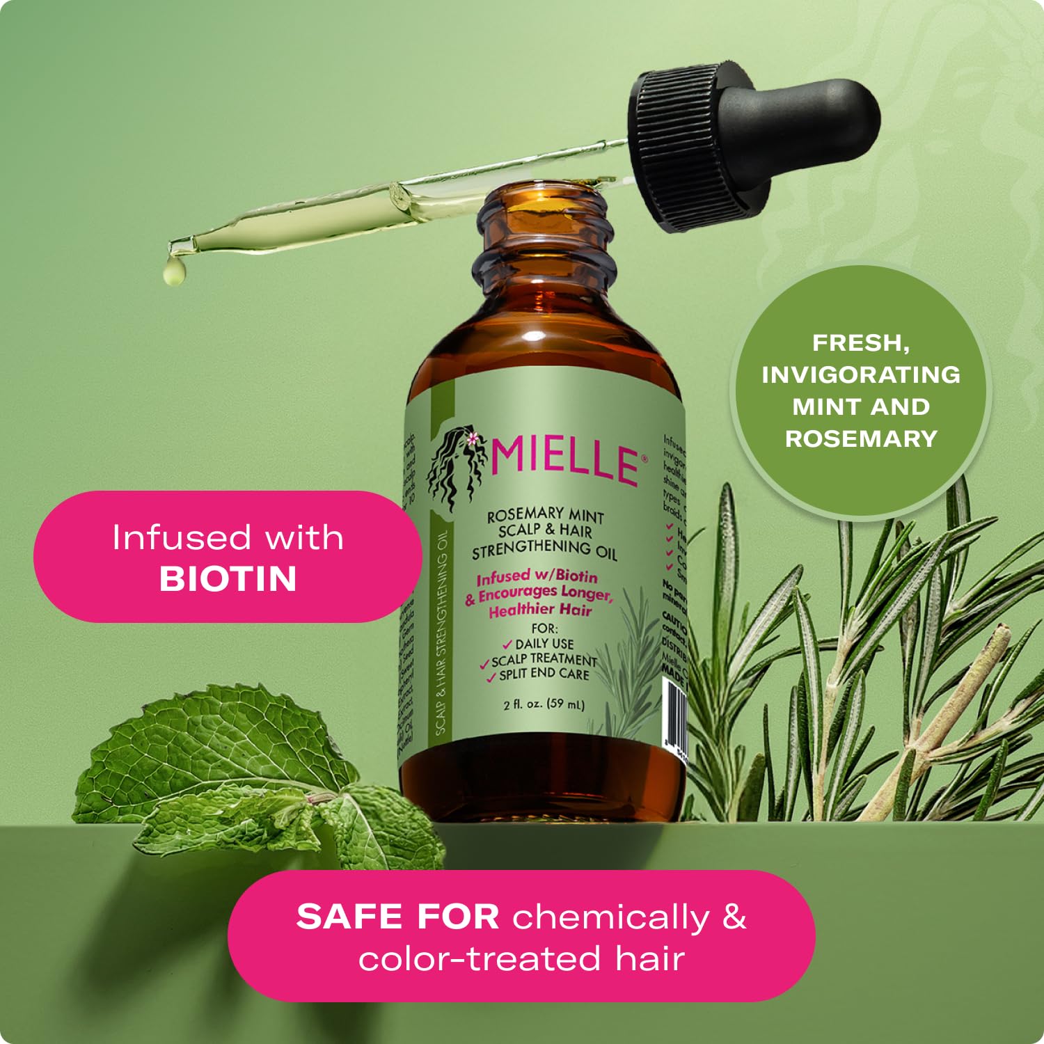 Mielle Organics Rosemary & Mint Hair Oil ingredients layout highlights biotin and rosemary