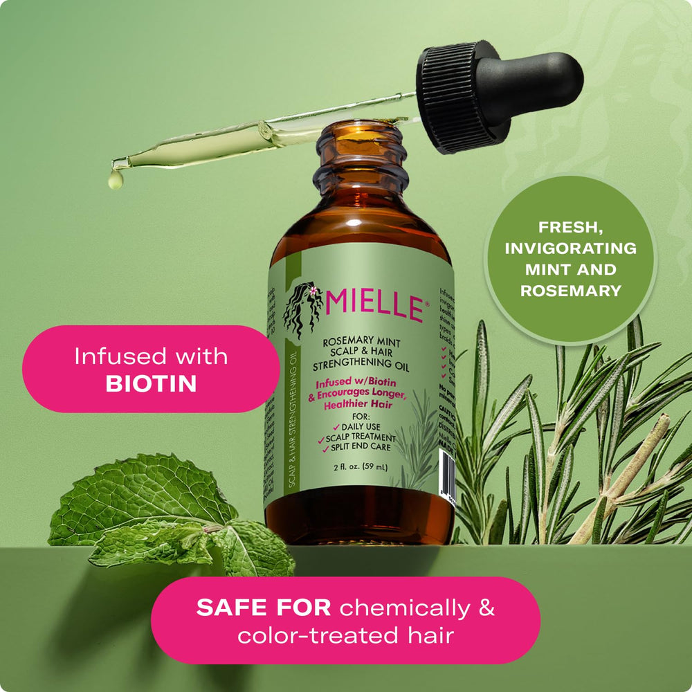 Mielle Organics Rosemary & Mint Hair Oil ingredients layout highlights biotin and rosemary