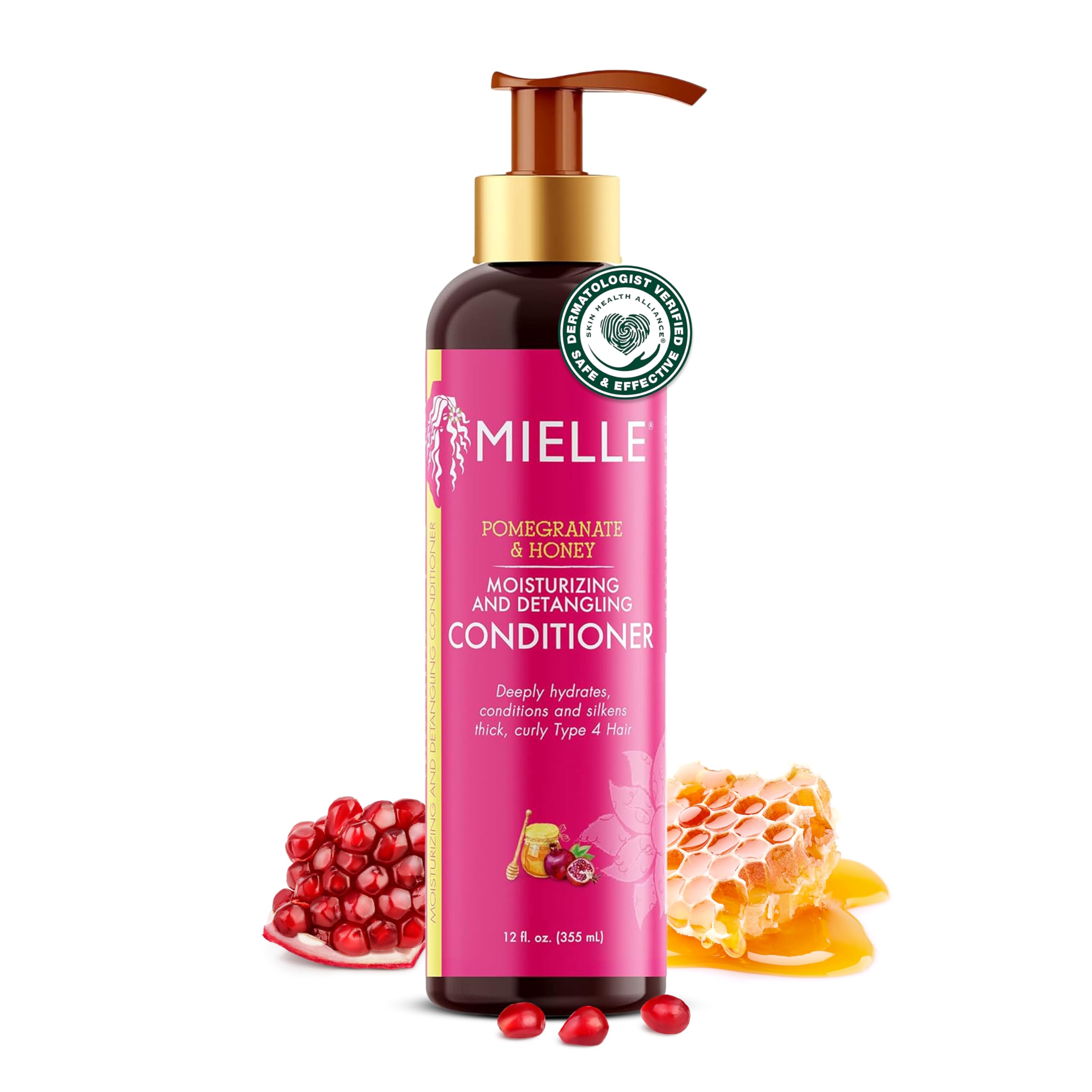 Mielle Organics Pomegranate & Honey conditioner bottle offers deep hydration for curls