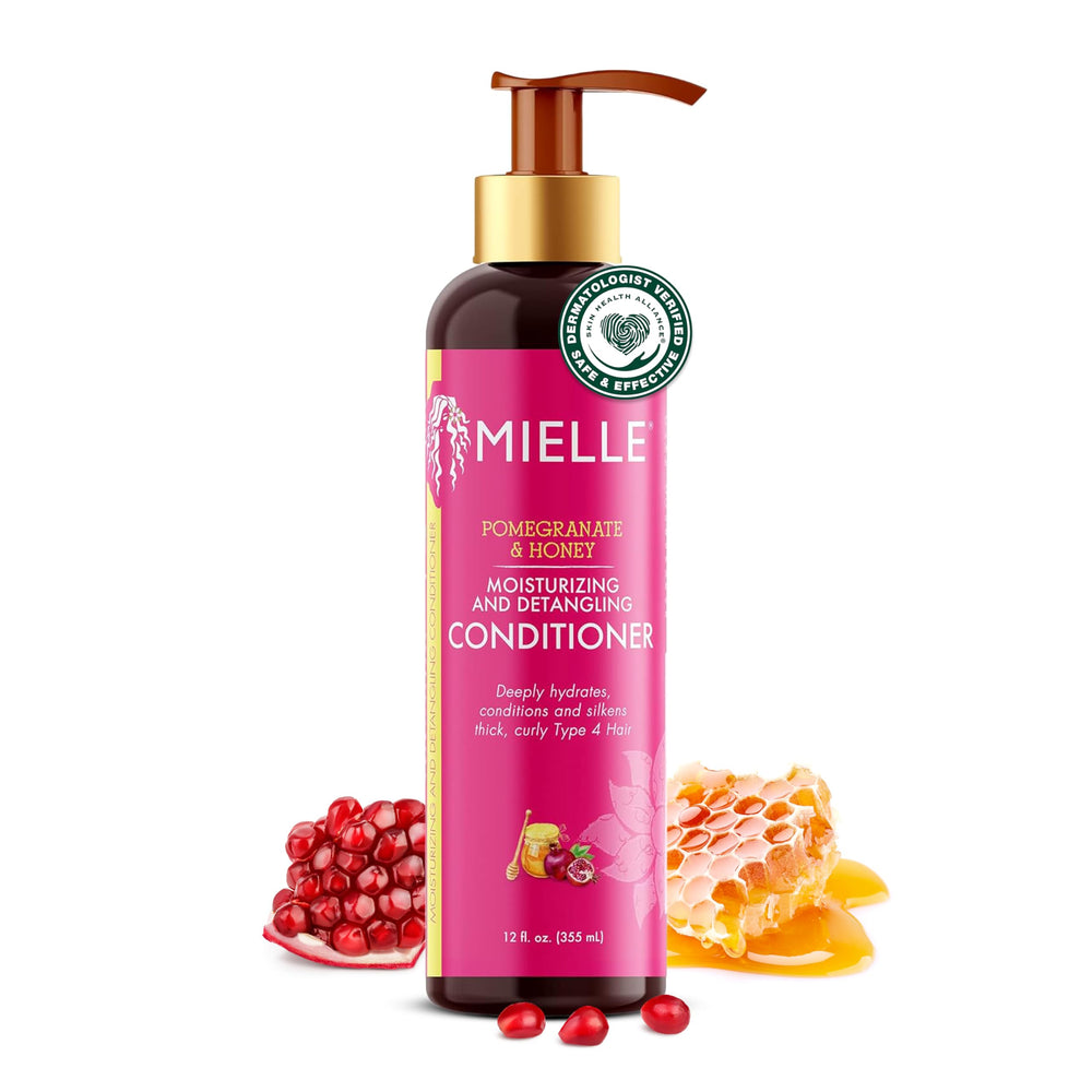 Mielle Organics Pomegranate & Honey conditioner bottle offers deep hydration for curls