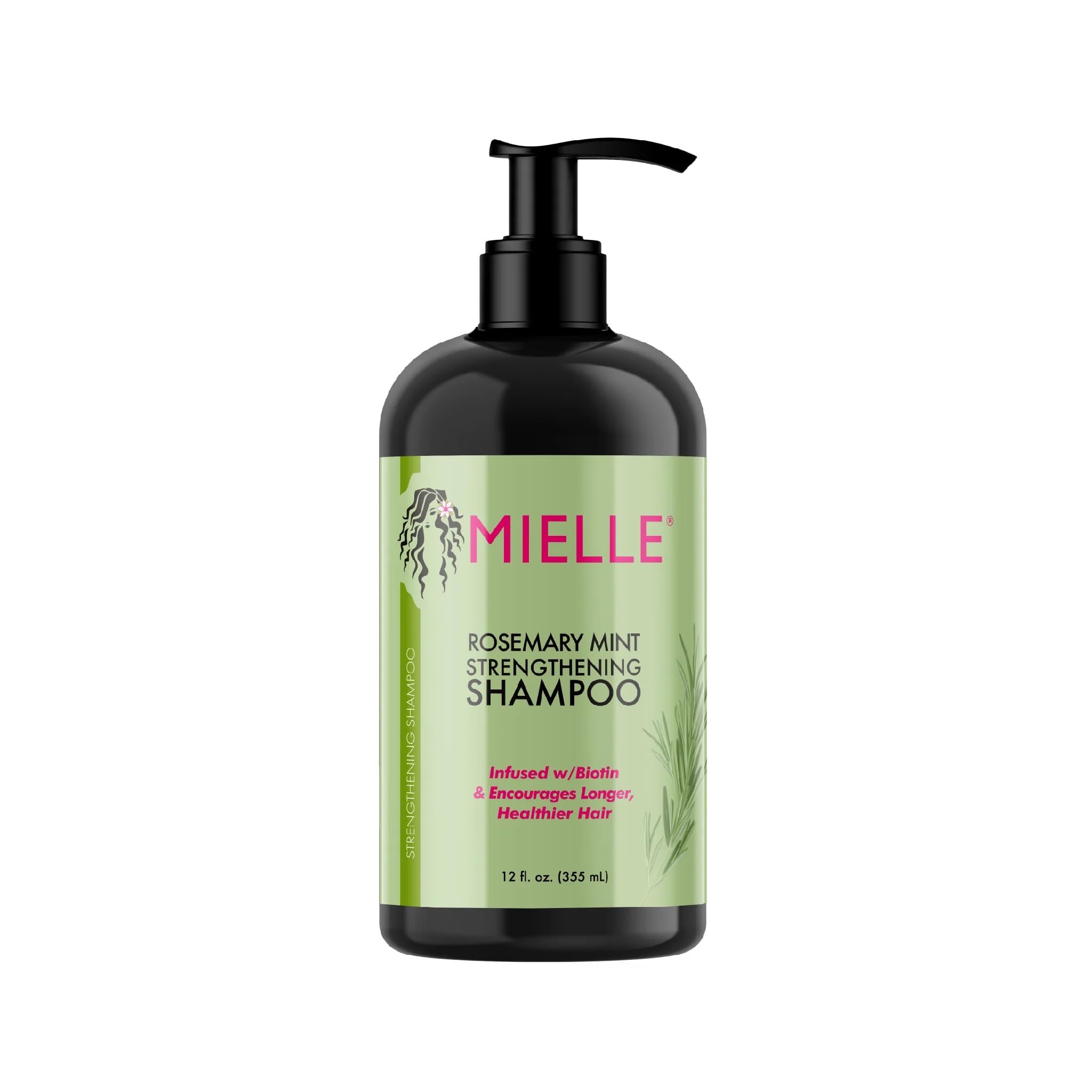 Mielle Rosemary Mint Strengthening Shampoo bottle side highlights organic ingredients for gentle cleansing