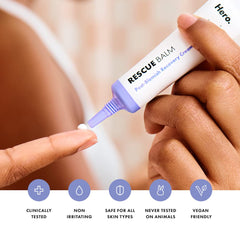 Mighty Patch Rescue Balm ingredients closeup notes beta glucan and panthenol benefits.