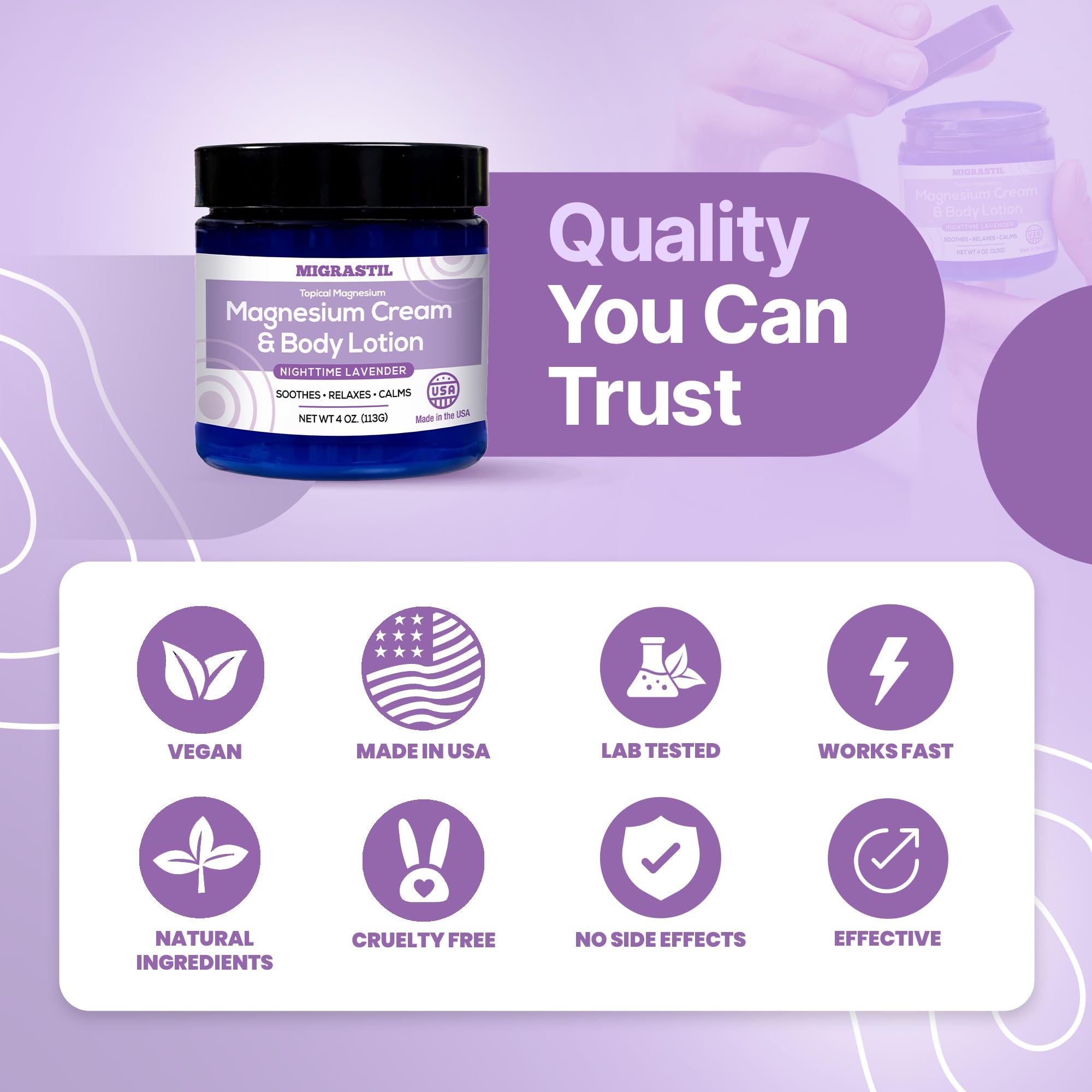MIGRASTIL Nighttime Lavender Magnesium Cream on a bedside table suggests nightly self-care ritual.