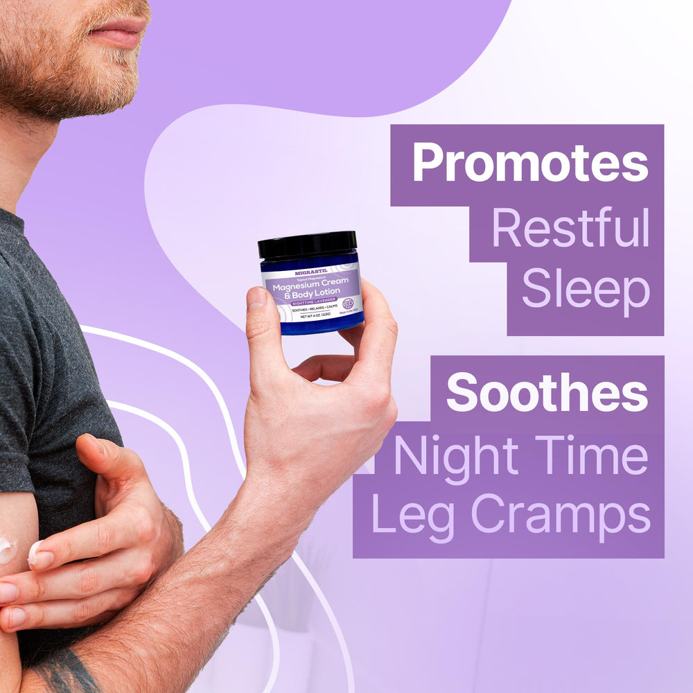 MIGRASTIL Nighttime Lavender Magnesium Cream label emphasizes USA-made vegan cruelty-free quality.