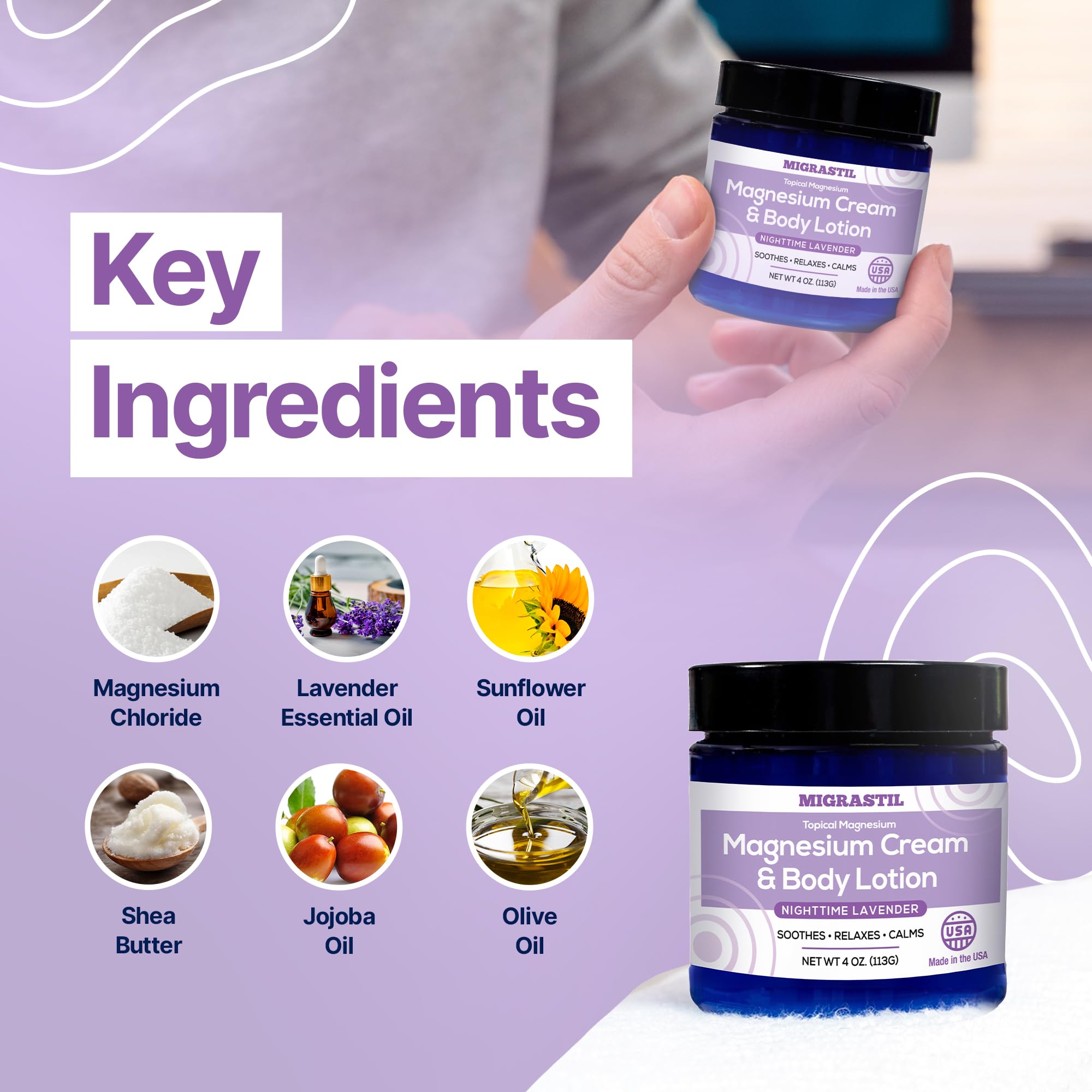 MIGRASTIL Nighttime Lavender Magnesium Cream being rubbed into legs indicates gentle nighttime relief.