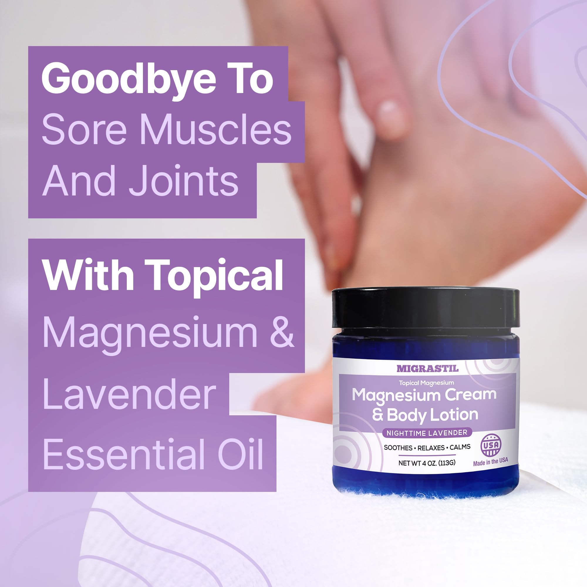 MIGRASTIL Nighttime Lavender Magnesium Cream pump shows easy application for sore muscles.