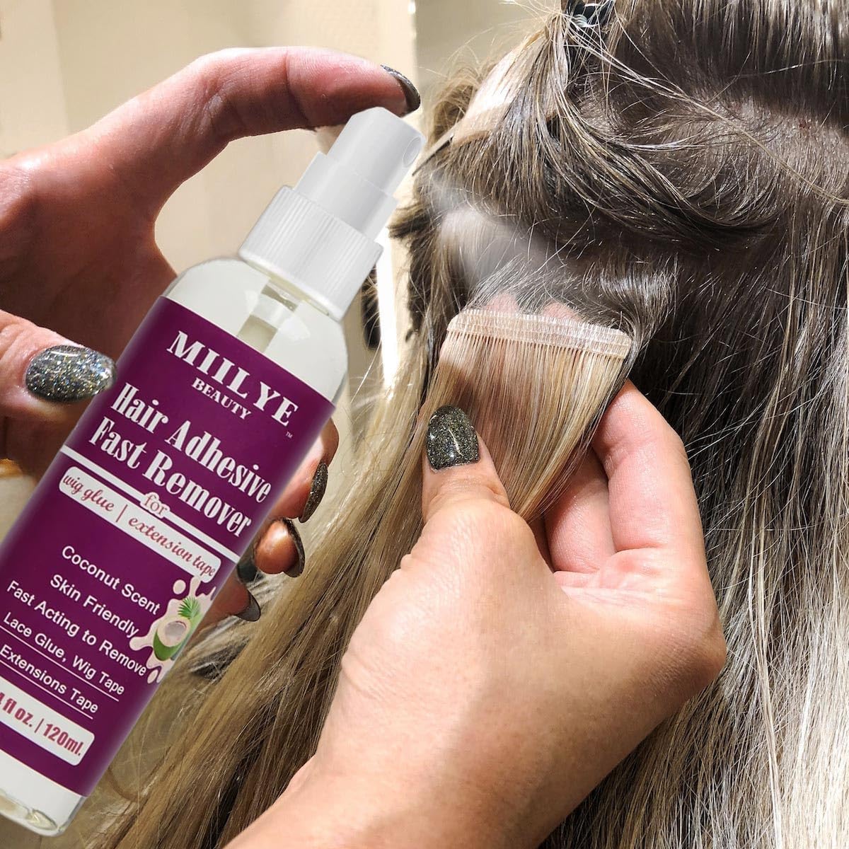 MIILYE easy-apply remover spray for quick bonding-area treatment.