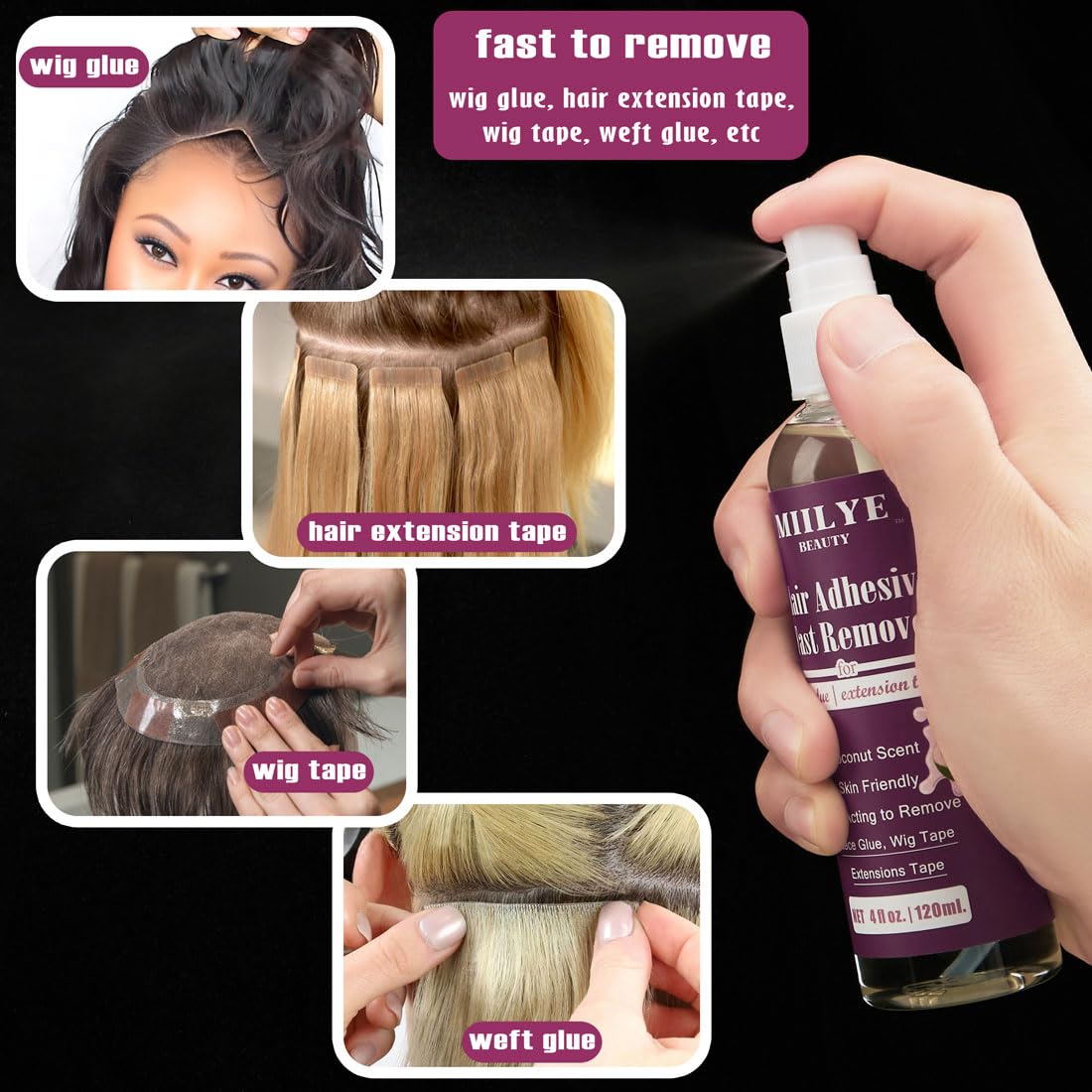 MIILYE hair extension remover spray for easy tape-in removal.