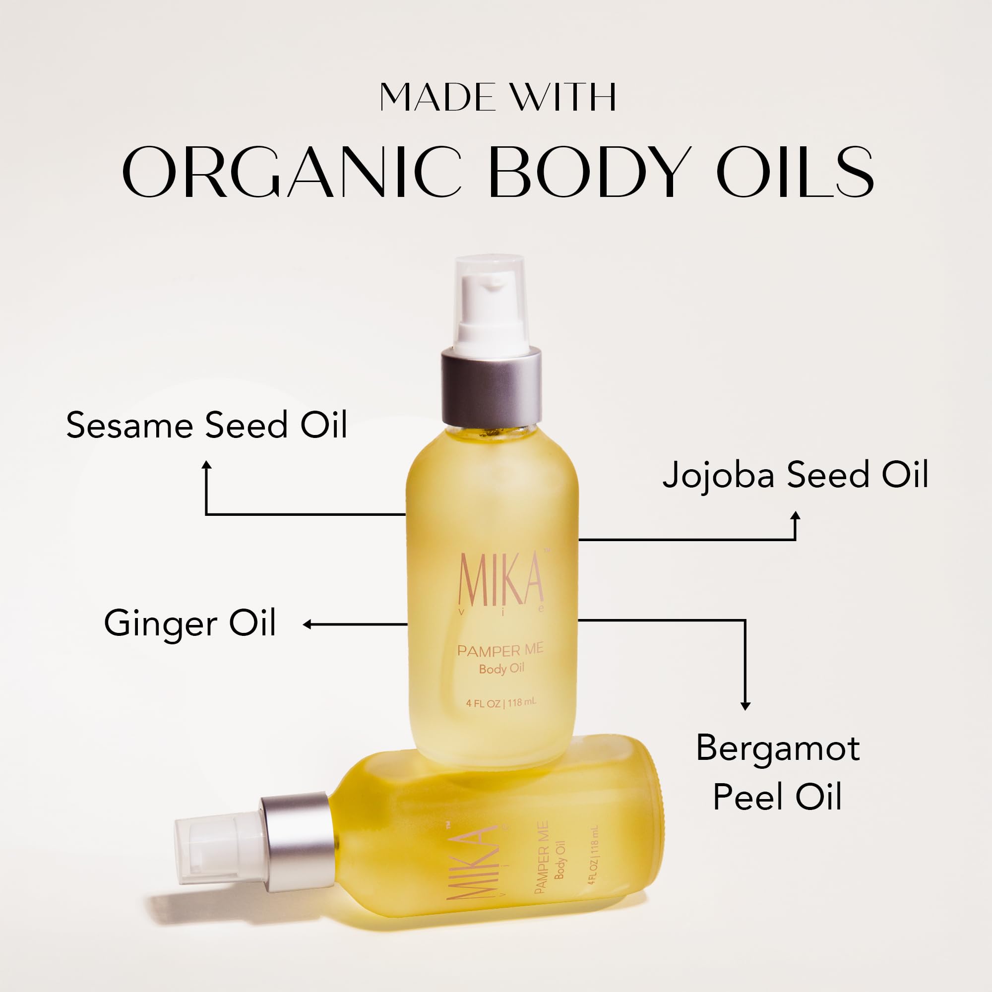 Mika Vie body oil being applied to skin illustrating instant moisturization and softness.