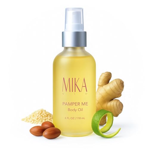 Mika Vie luxury organic body oil bottle demonstrates rich hydration for dry skin.