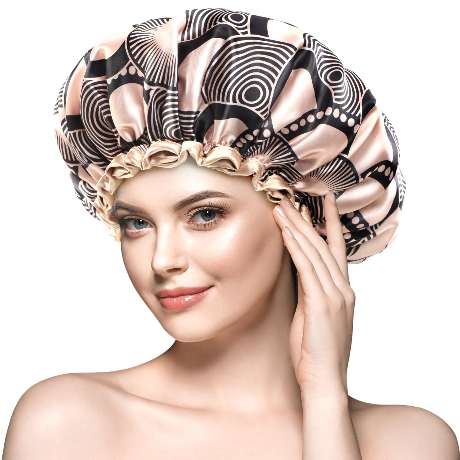 Mikimini champagne lace shower cap with fan pattern offers chic protection during showers.