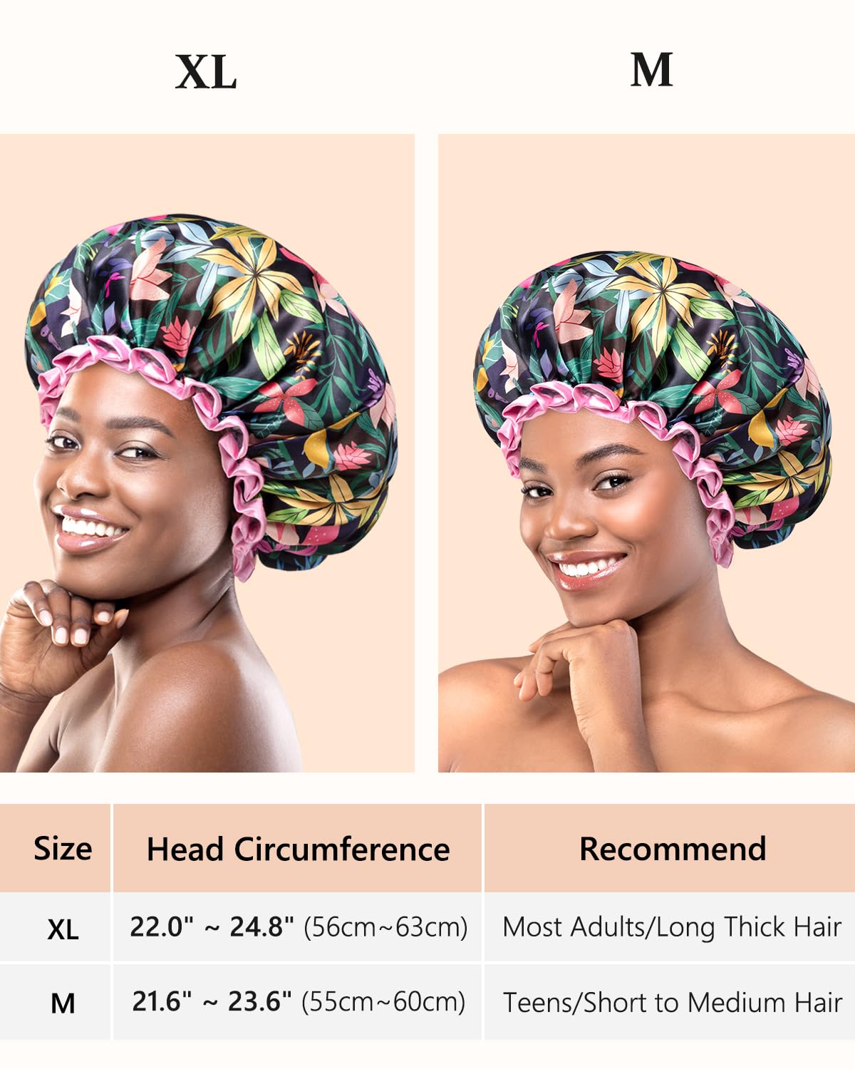 Mikimini shower cap elastic band closeup shows flexible fit for long hair