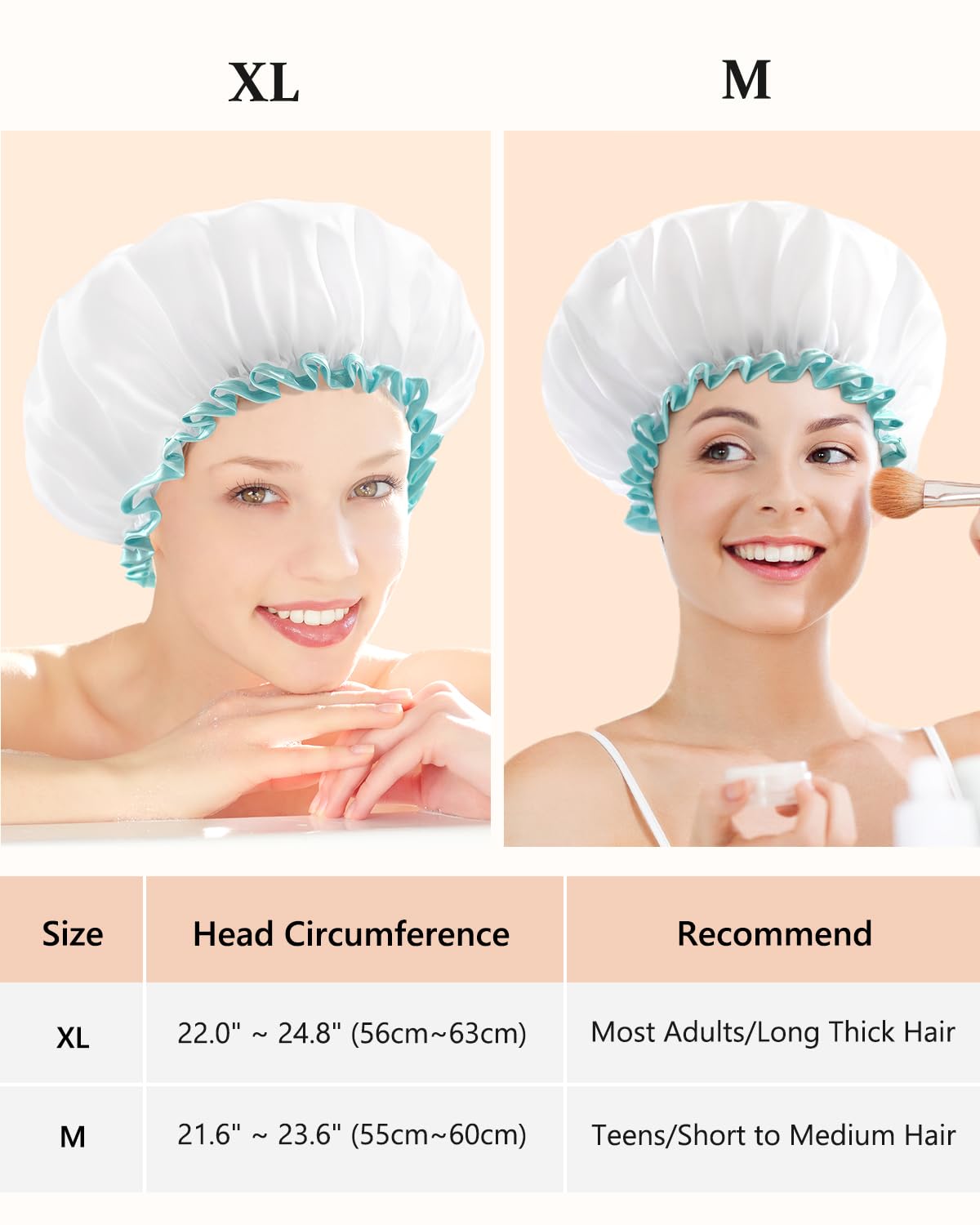 Mikimini white shower cap elastic edge close-up shows comfy fit