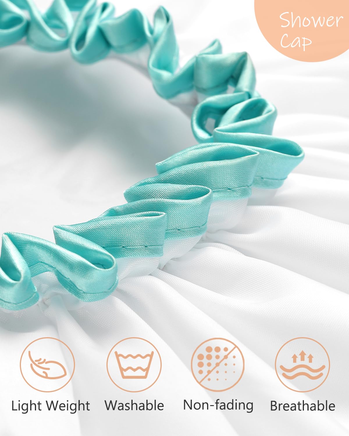 Mikimini white shower cap worn in shower highlighting waterproof PVC