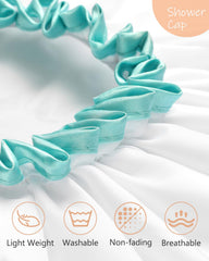 Mikimini white shower cap worn in shower highlighting waterproof PVC
