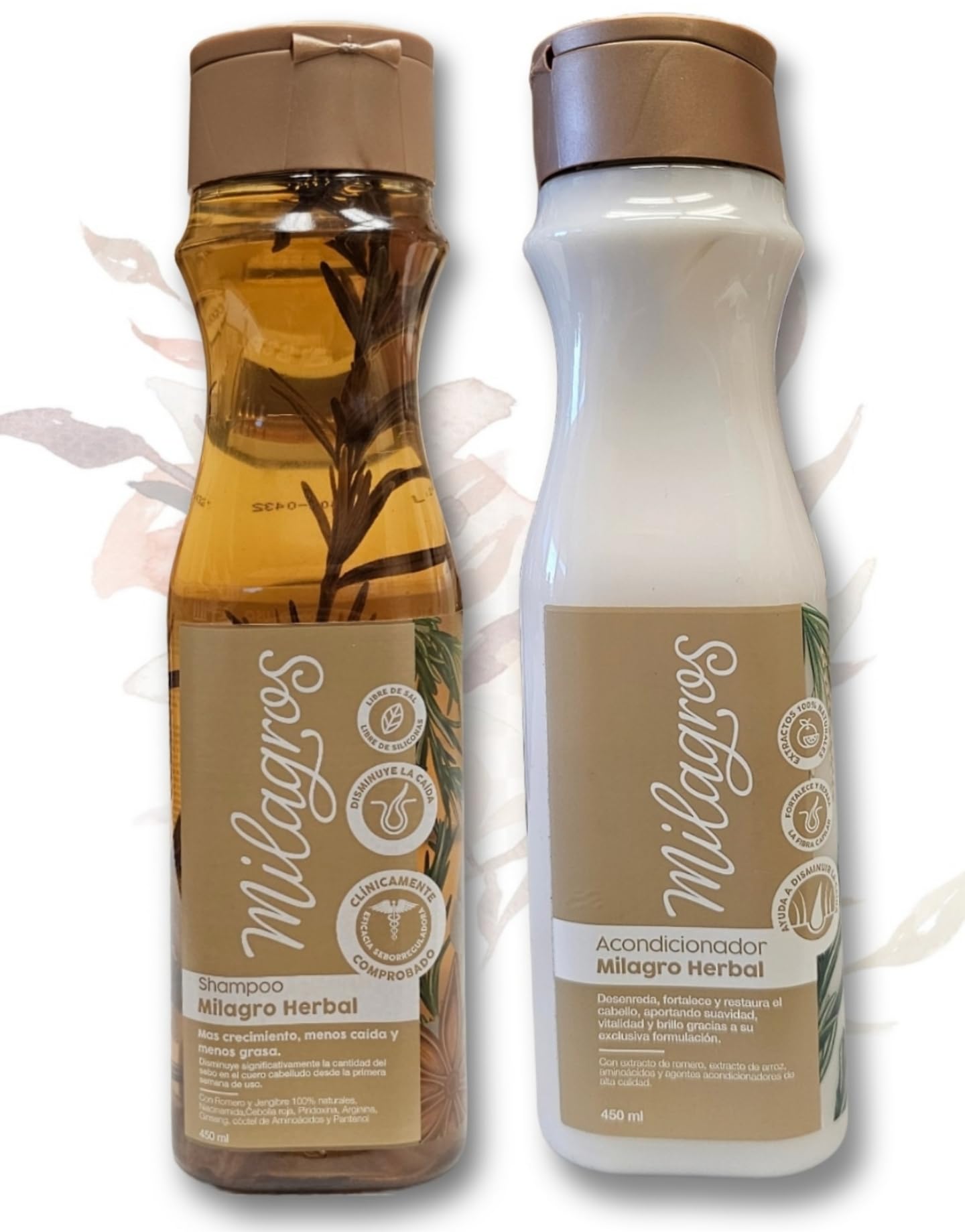 Milagros Herbal Shampoo bottle pours with rosemary and ginger for scalp nourishment.