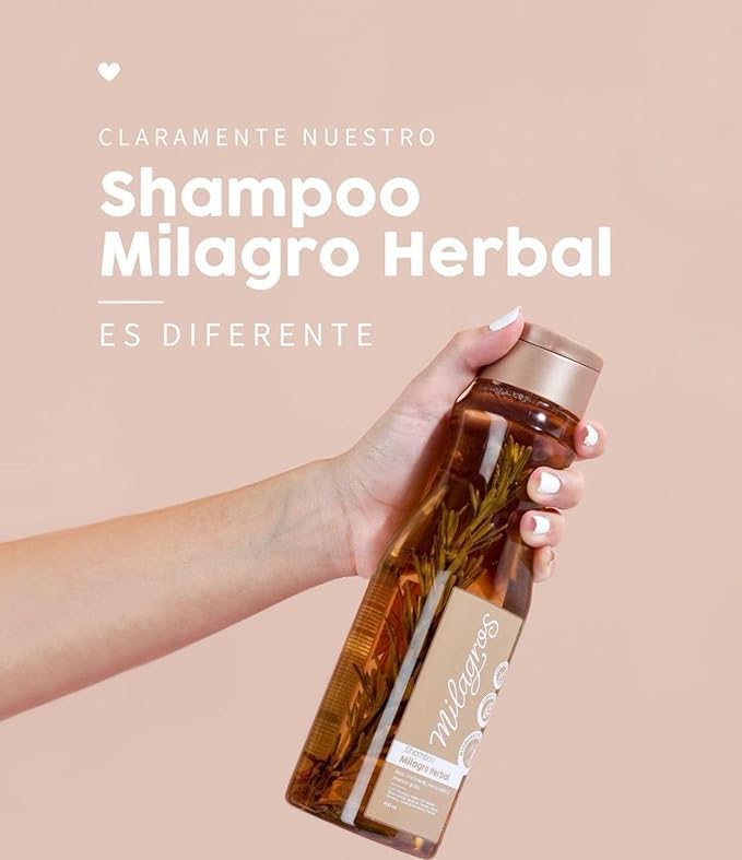 Milagros Herbal Shampoo ingredients closeup highlights rosemary, ginger, and rice extracts for hair care.