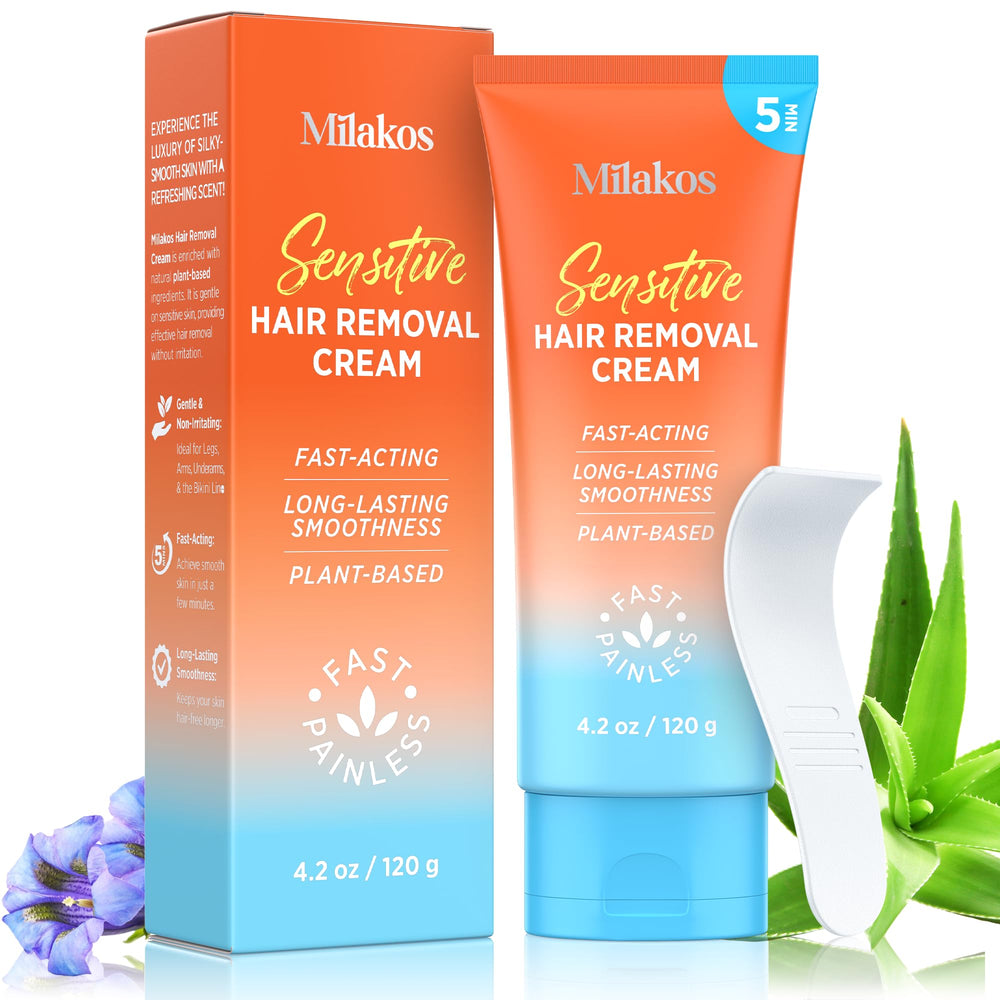 Milakos Painless Hair Removal Cream bottle, dermatologist-tested for sensitive skin