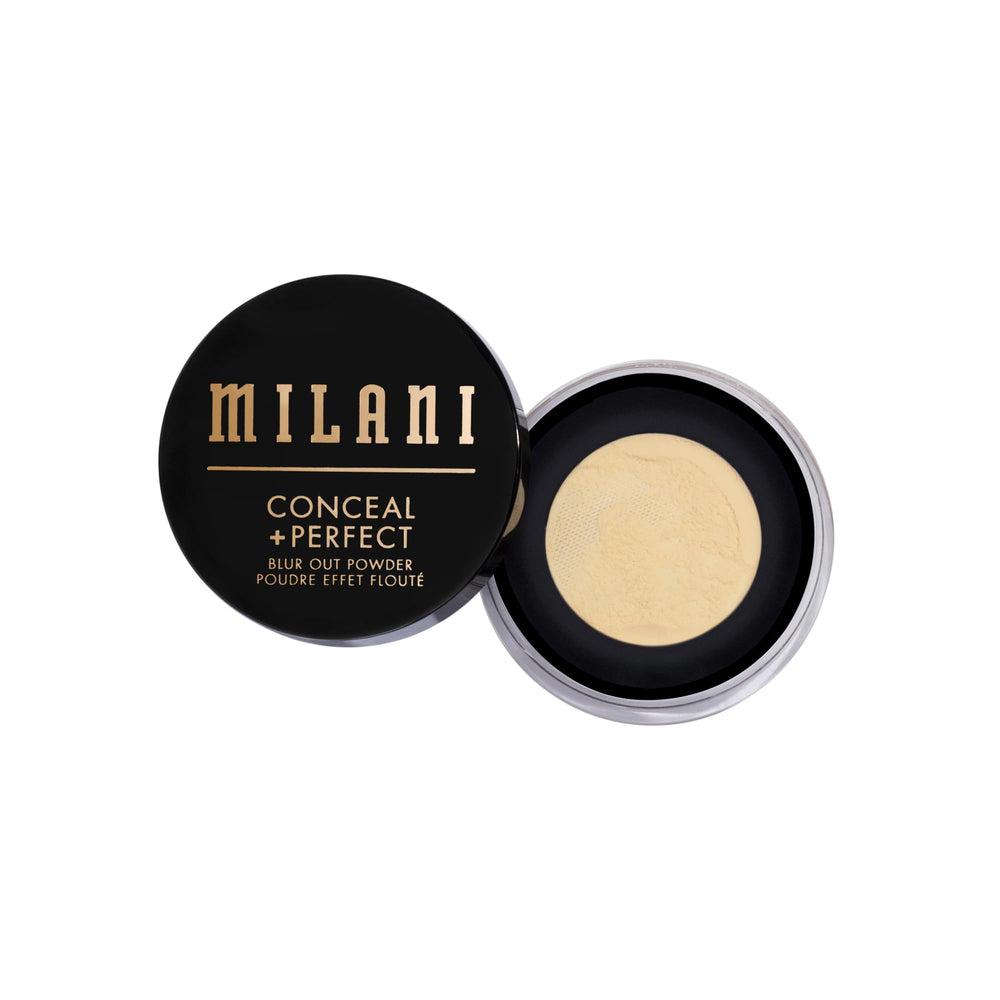 Milani Banana Blur Out powder close-up showing airbrushed blur and warm finish.