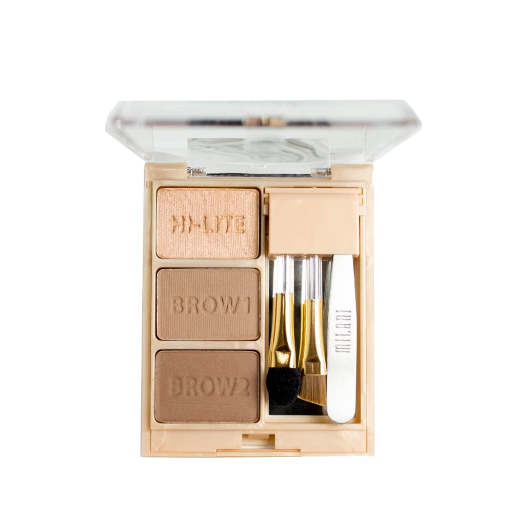 Milani Brow Fix Kit Light closeup showing powders and tools for natural brow shaping.