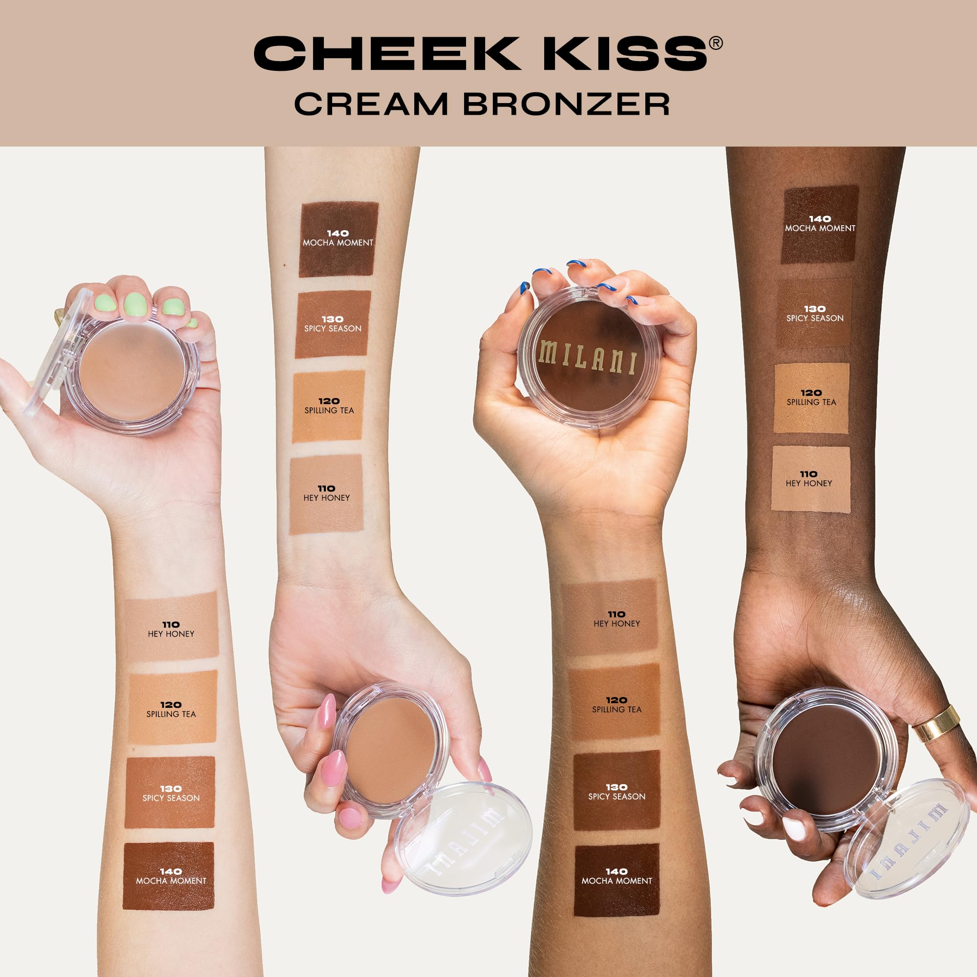 Milani Cheek Kiss Cream Bronzer Spilling Tea on temples and forehead for sun-kissed dimension