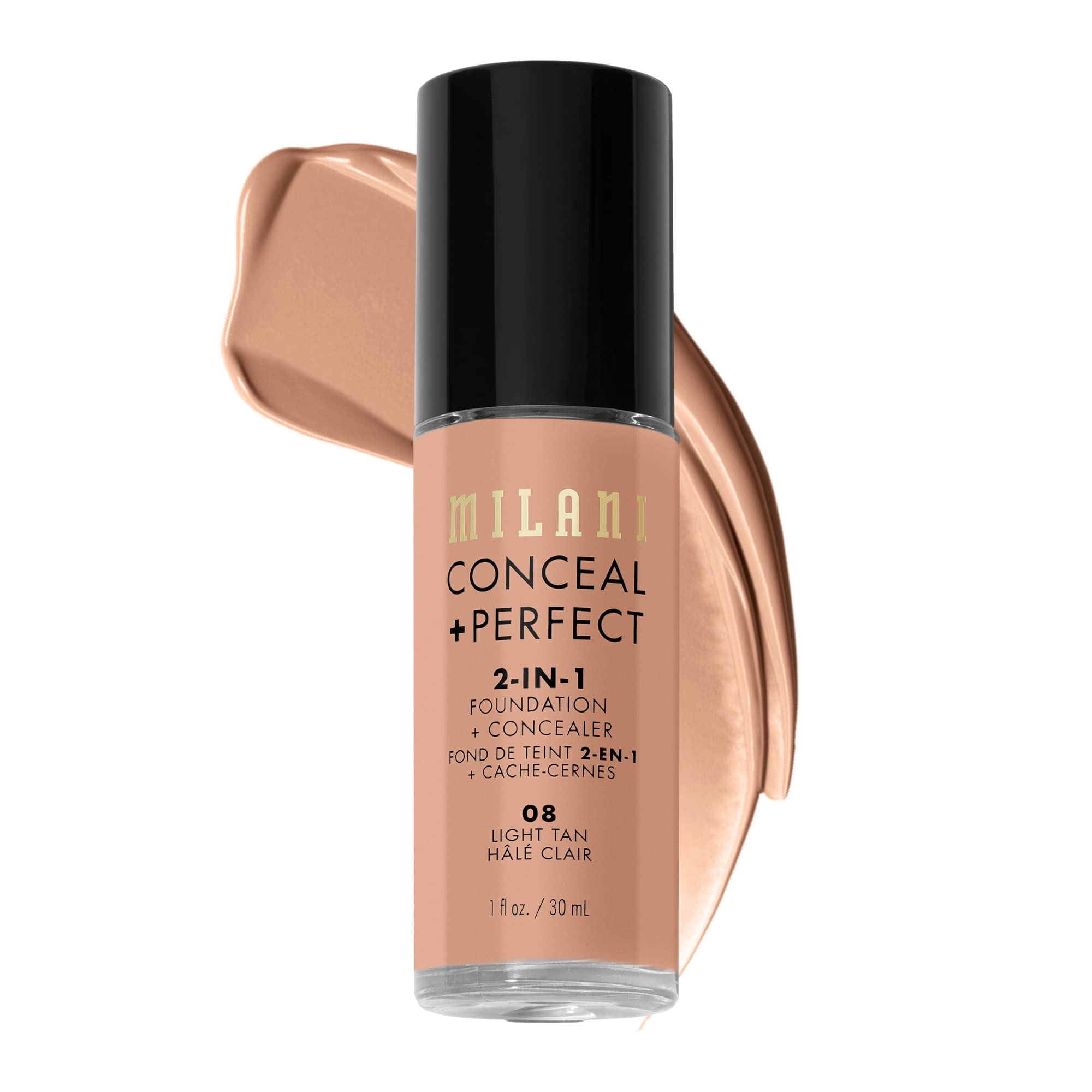 Milani Conceal + Perfect 2-in-1 bottle front for quick, flawless coverage.