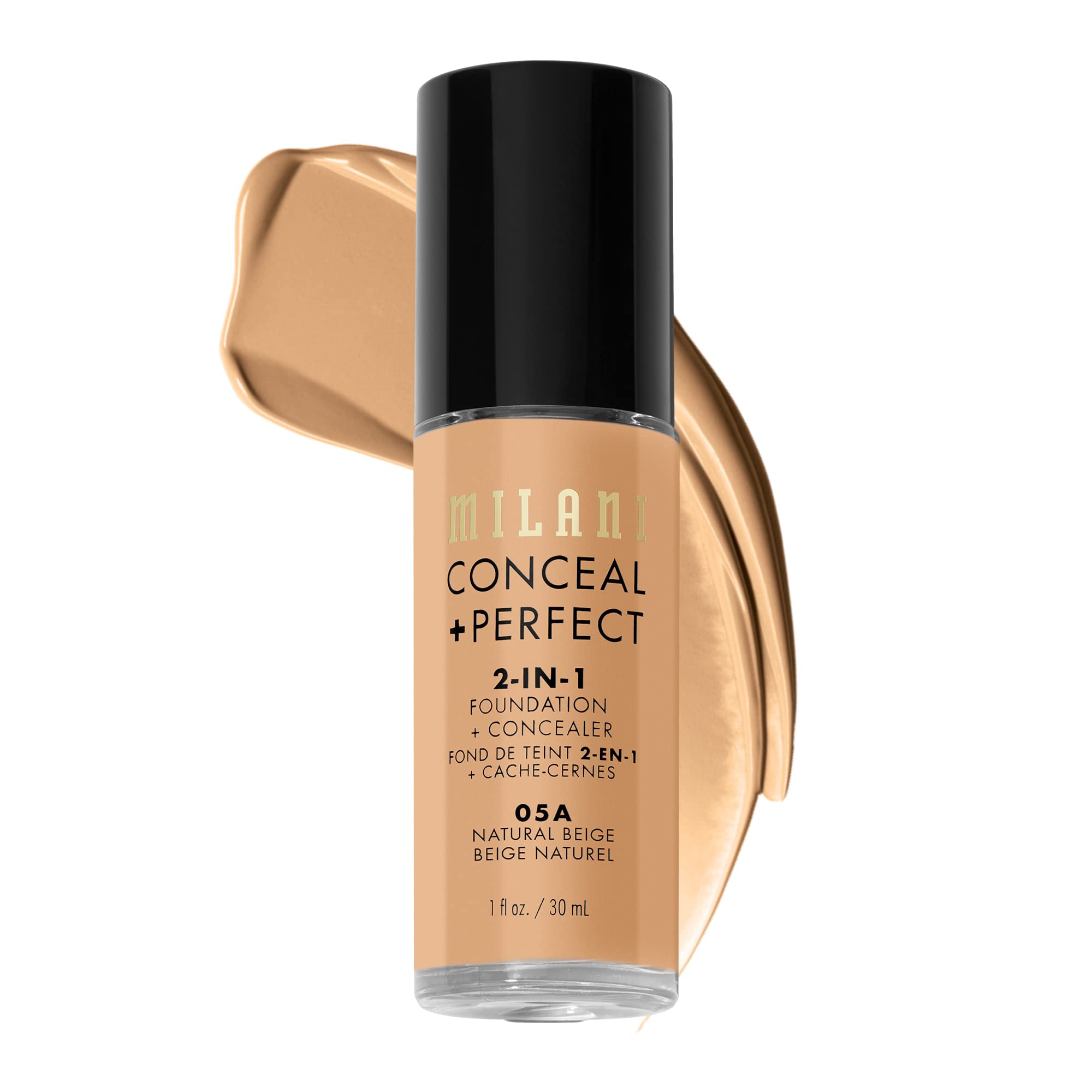 Milani Conceal + Perfect en envase, cobertura rápida para tono uniforme.