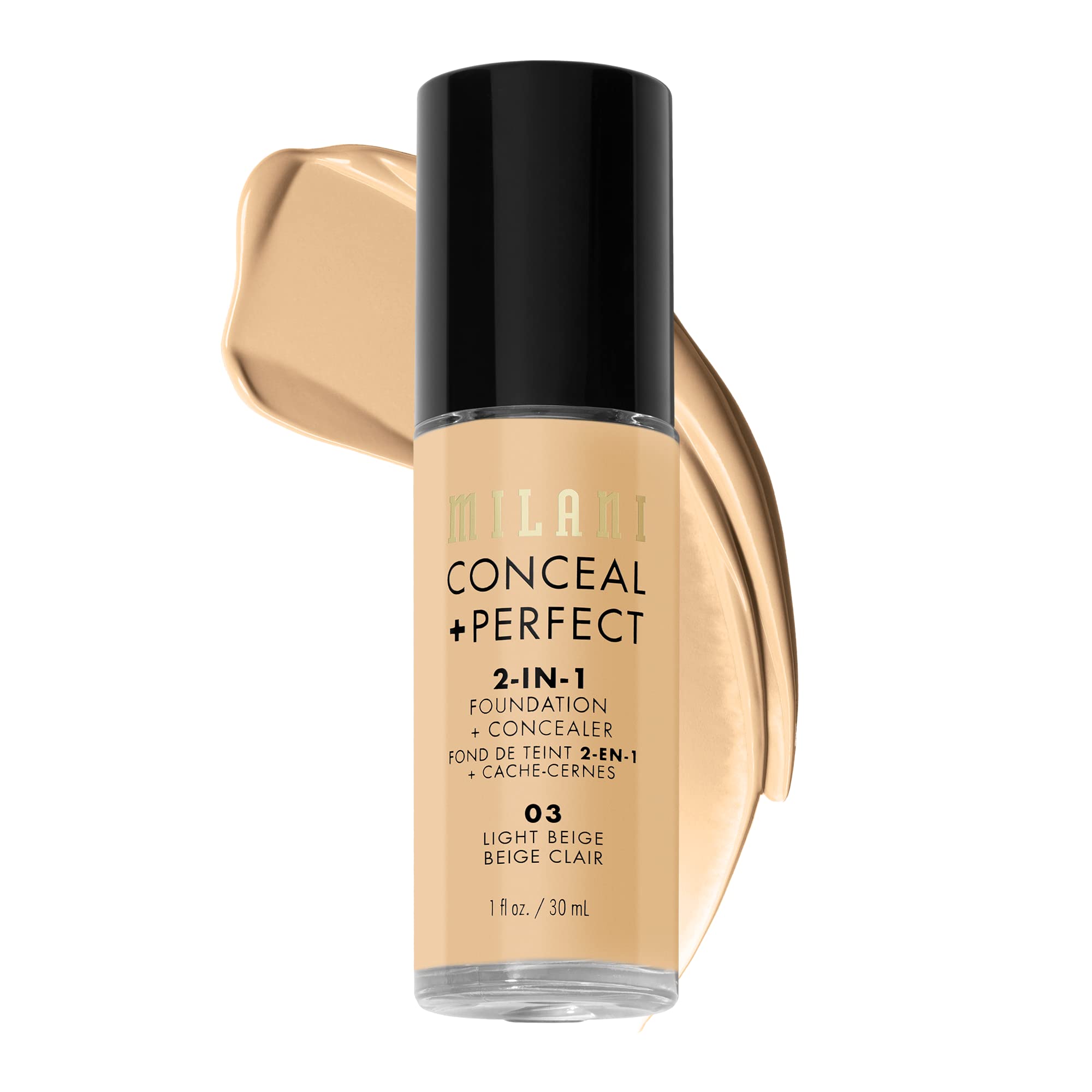 Milani Conceal + Perfect liquid foundation Light Beige bottle ready for everyday flawless coverage.