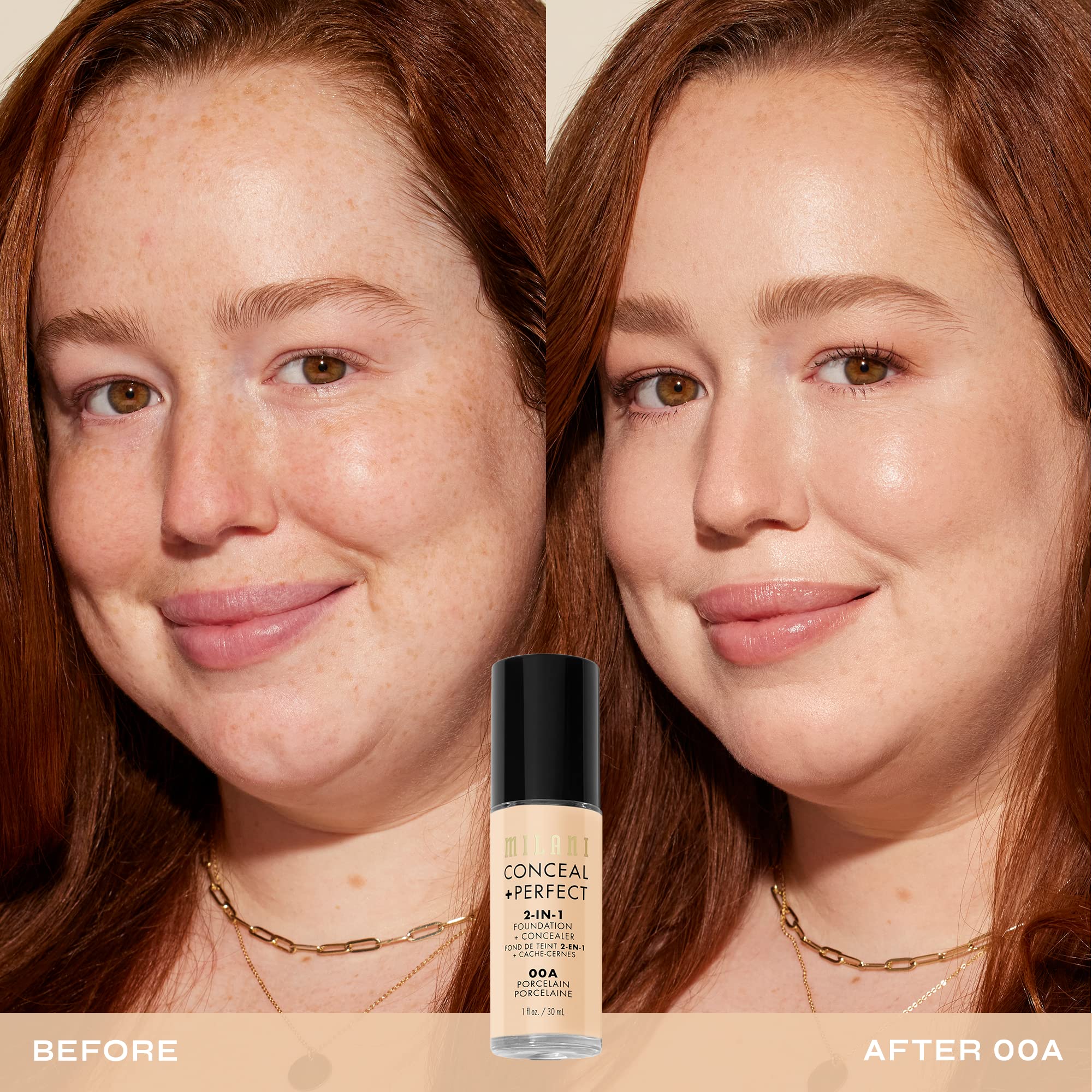 Milani Conceal + Perfect porcelain blend swatch shows seamless color integration for natural look.