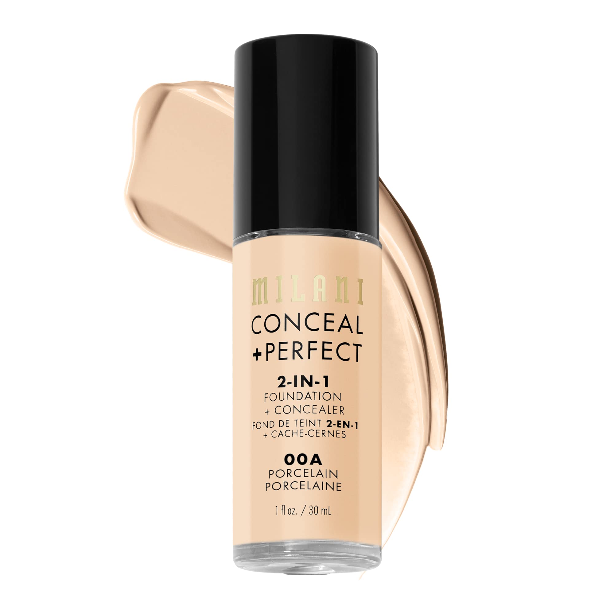 Milani Conceal + Perfect porcelain bottle demonstrates effortless full-coverage for daily complexion.