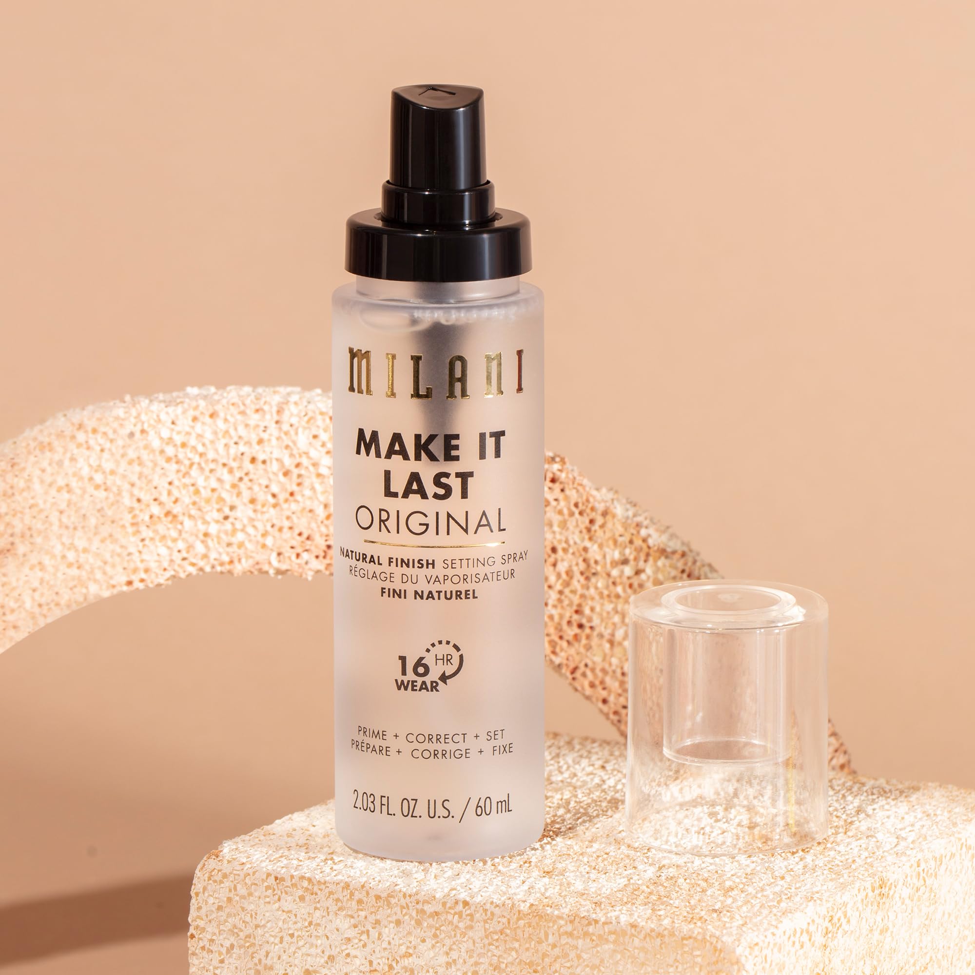 Milani cooling finishing mist delivers a refreshing feel while helping makeup last.
