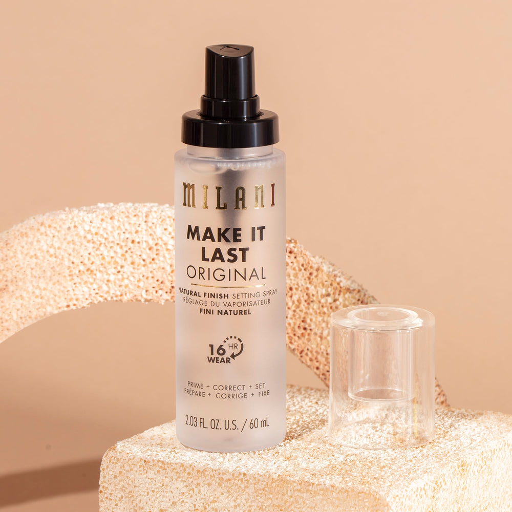 Milani cooling finishing mist delivers a refreshing feel while helping makeup last.
