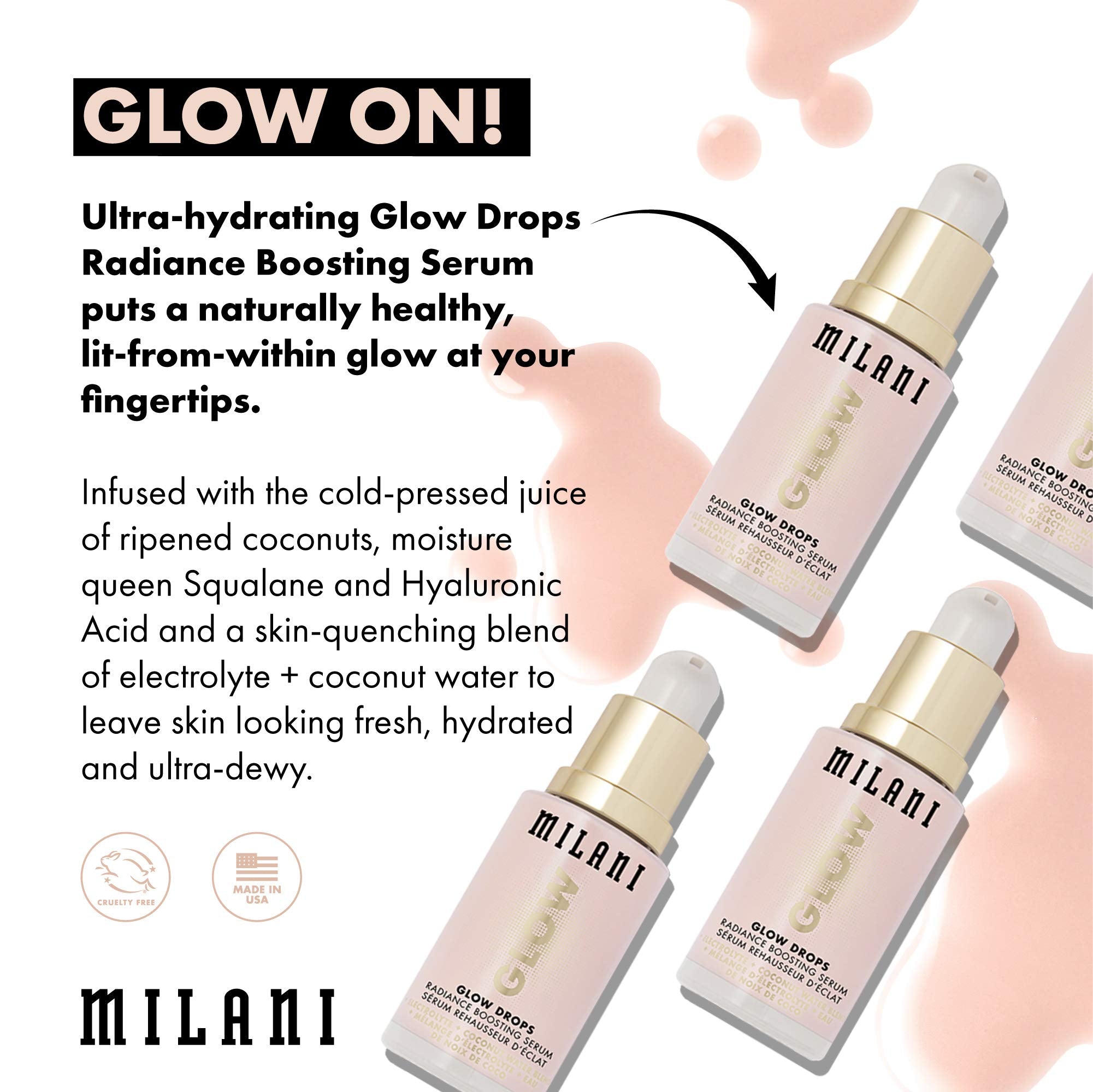 Milani Glow Drops on skin used as dewy makeup base.