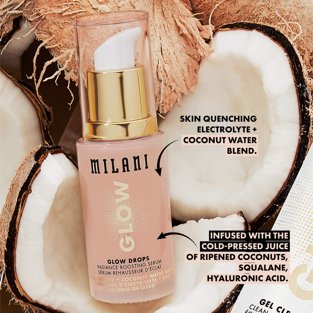 Milani Glow Drops electrolyte blend image highlighting lasting moisture.