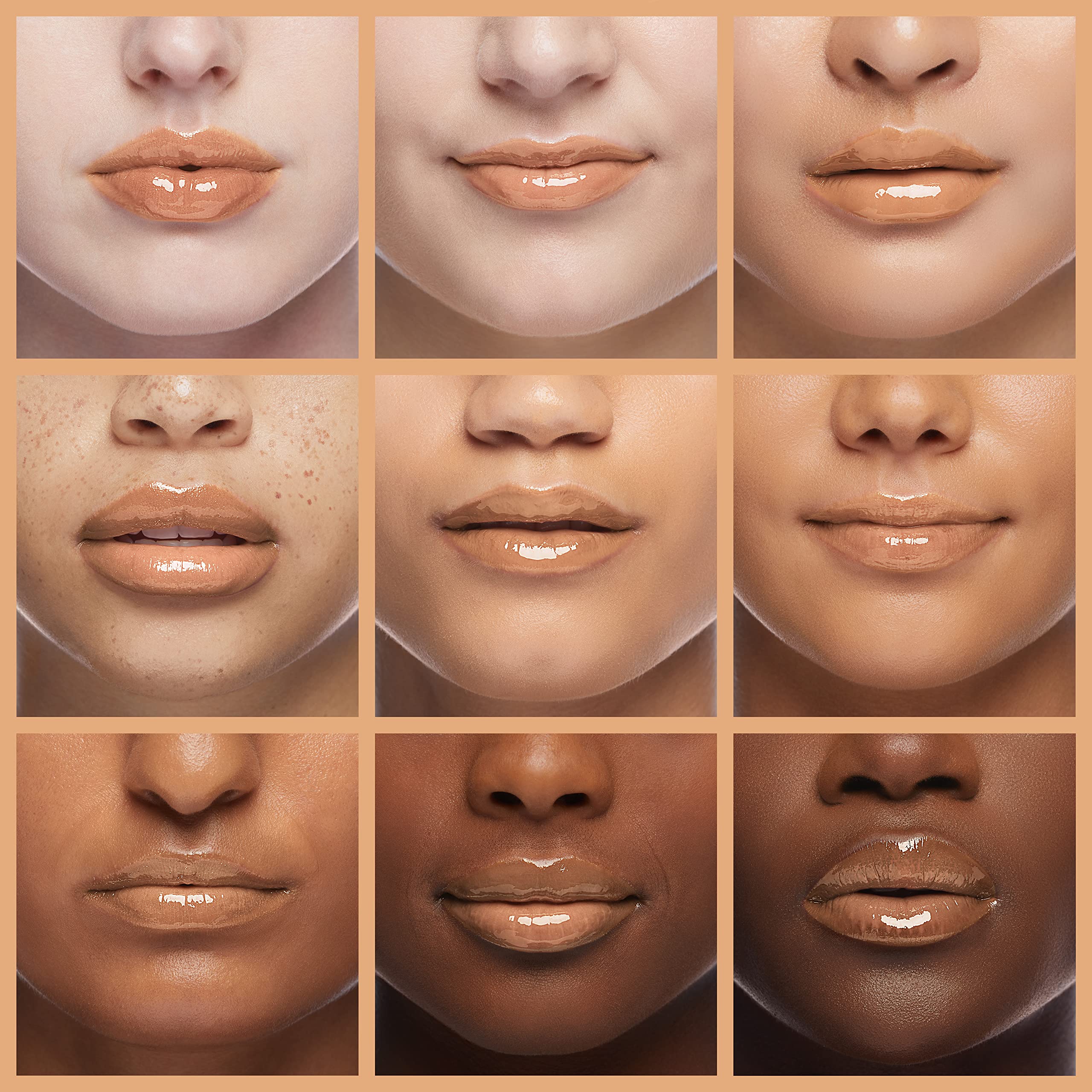 Milani lip gloss Gold Dust shine closeup highlights a glossy, hydrated look.