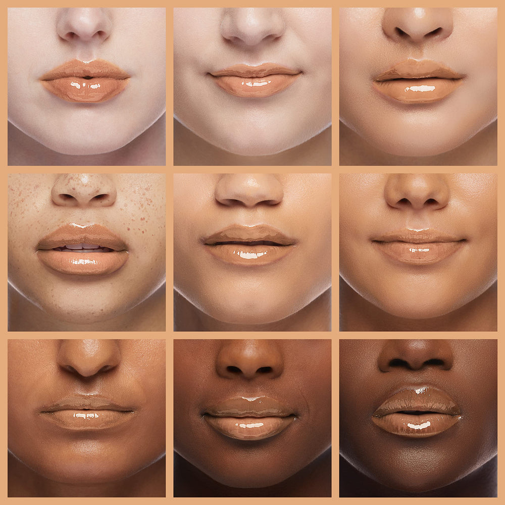 Milani lip gloss Gold Dust shine closeup highlights a glossy, hydrated look.