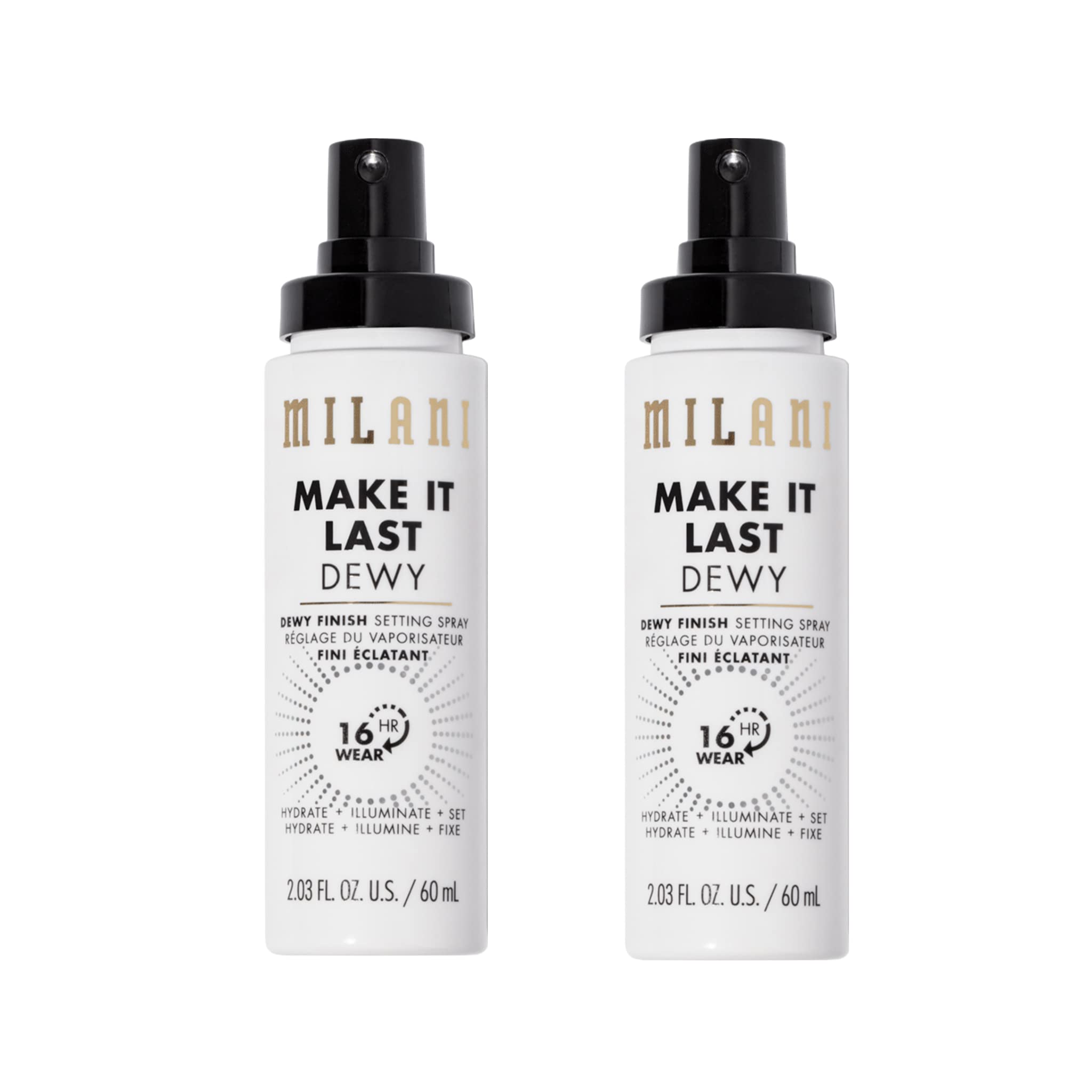 Milani Make It Dewy setting spray bottle closeup for hydrated glow.